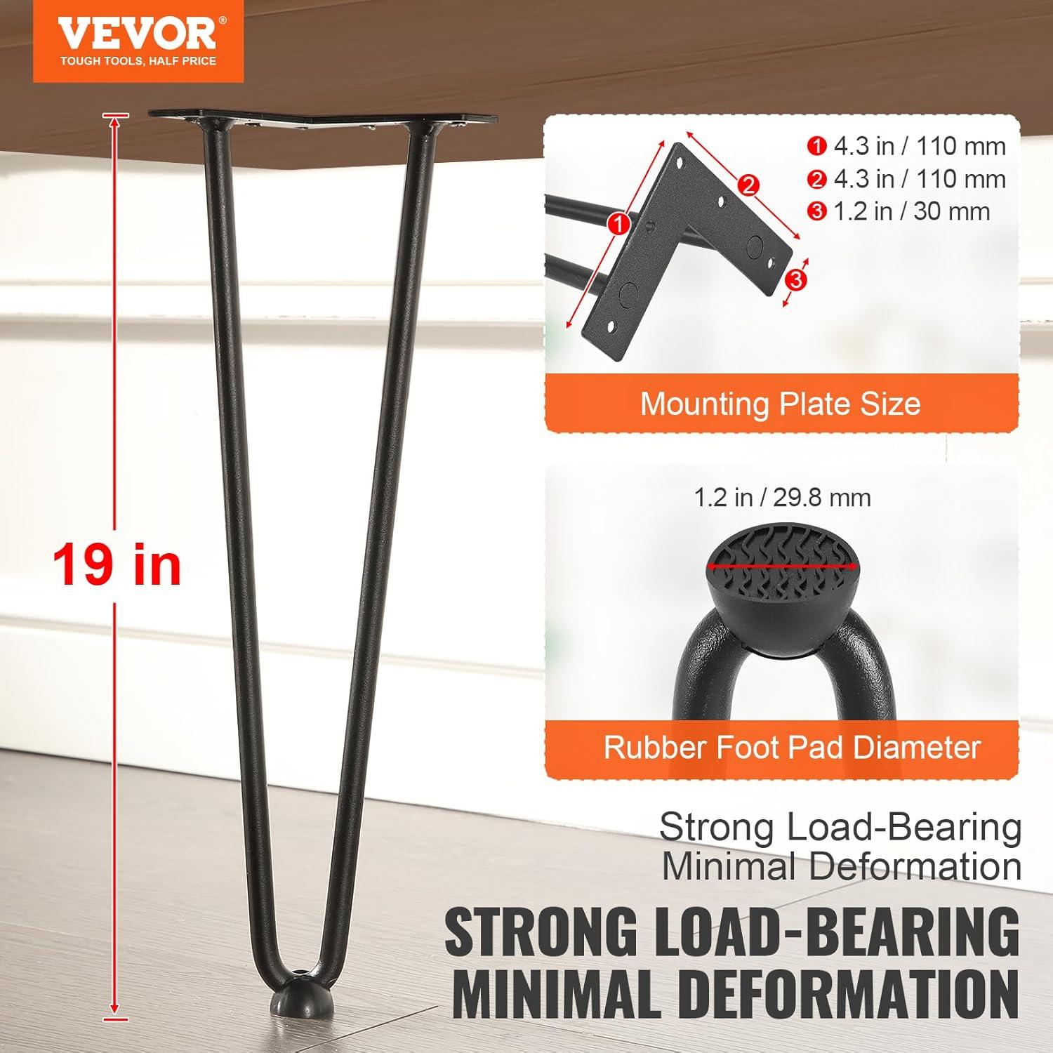 image:imageVEVOR 16 Hairpin Furniture Legs Metal Home DIY Projects for Nightstand Coffee Table Desk 500lbs Load Capacity with Rubber Floor Protectors Metal Heavy Duty Sturdy Modern Table Legs 4PCS BlackHairpin2 rods solid
