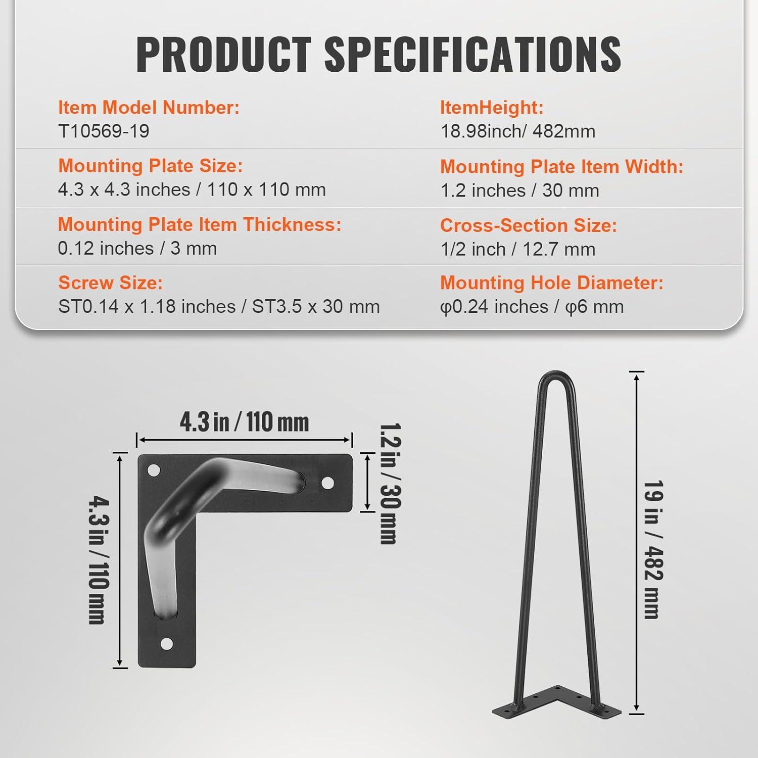 image:imageVEVOR 16 Hairpin Furniture Legs Metal Home DIY Projects for Nightstand Coffee Table Desk 500lbs Load Capacity with Rubber Floor Protectors Metal Heavy Duty Sturdy Modern Table Legs 4PCS BlackHairpin2 rods solid