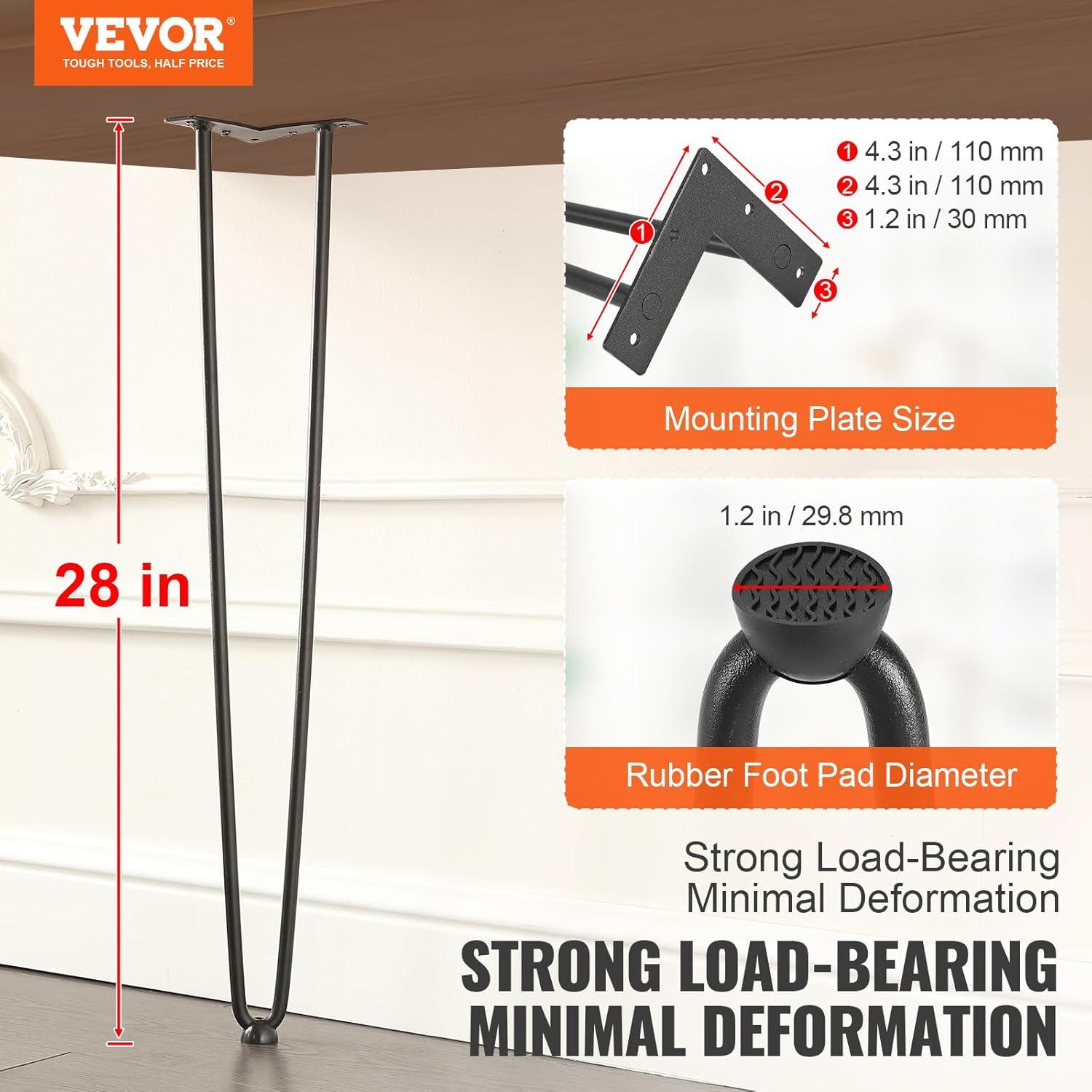 image:imageVEVOR 16 Hairpin Furniture Legs Metal Home DIY Projects for Nightstand Coffee Table Desk 500lbs Load Capacity with Rubber Floor Protectors Metal Heavy Duty Sturdy Modern Table Legs 4PCS BlackHairpin2 rods solid