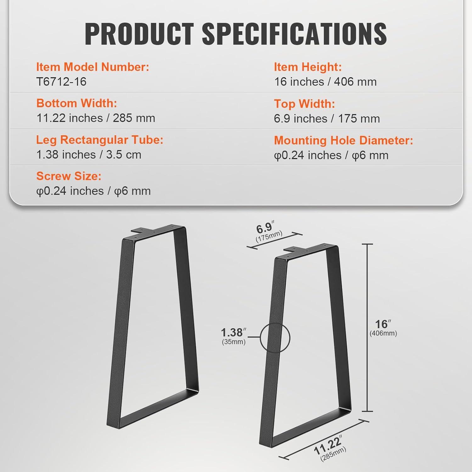 image:imageVEVOR 16 inch Trapezoid Steel Table Legs Replacement Furniture Legs Set of 2 for DIY Coffee Tables Modern Desks Bench Night Stands Sofa Max Load 400 lbs Heavy Duty Quick Instalation Legs BlackModern