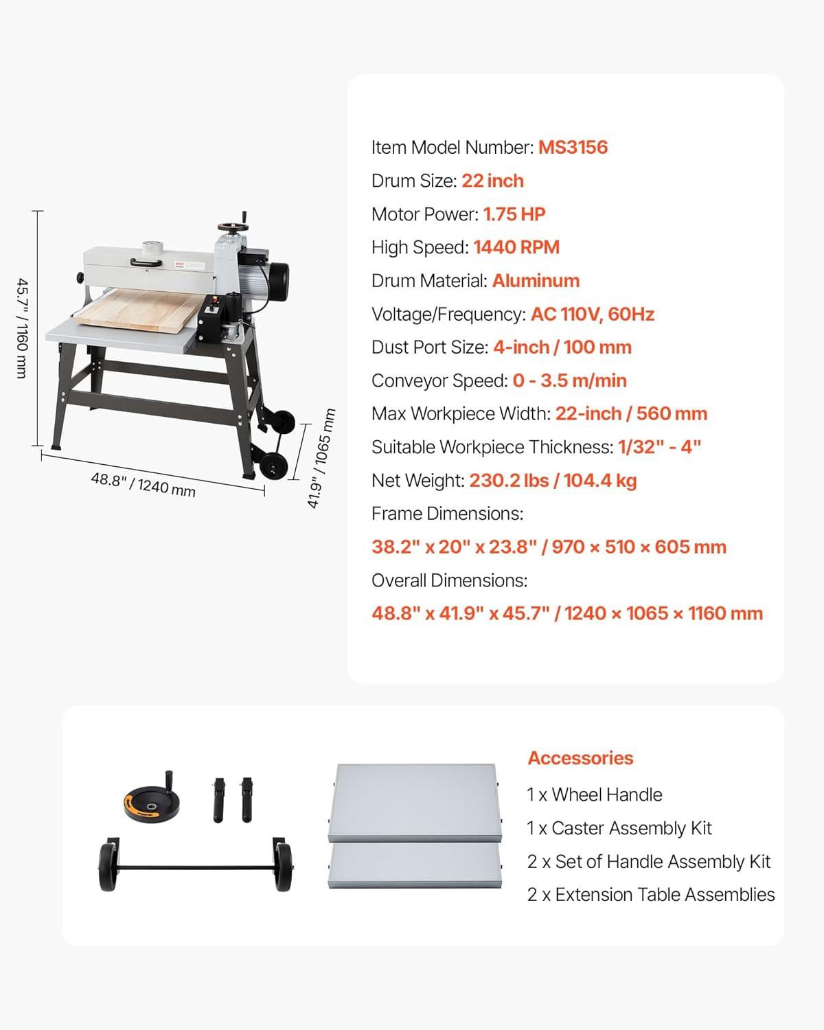 image:imageVEVOR 22 Drum Sander with Stand amp Extension Tables 175HP 1440RPM Dual Motor Drum Sander for Woodworking Variable Speed Conveyor Belt 4 Dust Collection Port for Cabinet amp Furniture Finishing
