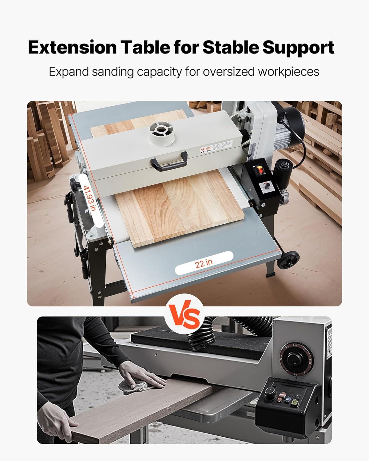 image:imageVEVOR 22 Drum Sander with Stand amp Extension Tables 175HP 1440RPM Dual Motor Drum Sander for Woodworking Variable Speed Conveyor Belt 4 Dust Collection Port for Cabinet amp Furniture Finishing