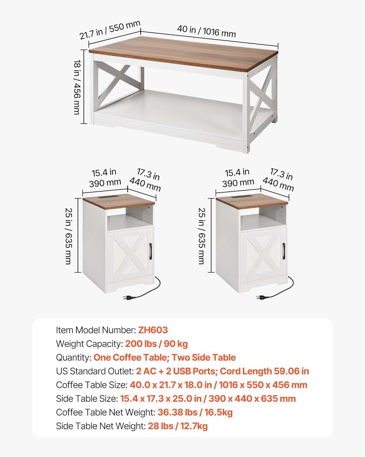 image:imageVEVOR 3 Pieces Farmhouse Coffee Table Sets 40 Inch Industrial Coffee Table with 2 End Tables Easy Assembly Coffee and Side Tables Sets with Charging Station for Office Living Room amp Apartment3 Pieces