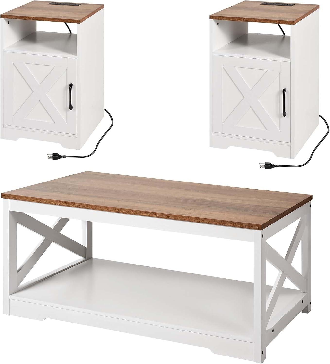 image:imageVEVOR 3 Pieces Farmhouse Coffee Table Sets 40 Inch Industrial Coffee Table with 2 End Tables Easy Assembly Coffee and Side Tables Sets with Charging Station for Office Living Room amp Apartment3 Pieces