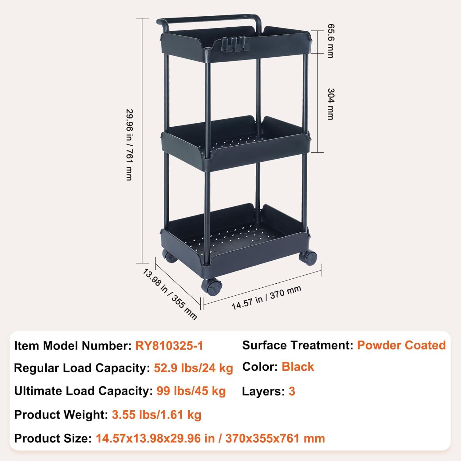image:imageVEVOR 3Tier Rolling Utility Cart with Handle MultiFunctional Storage Trolley with Lockable Wheels Utility Cart KitchenUnder Desk Cart for Office Living Room Kitchen Bedroom Black
