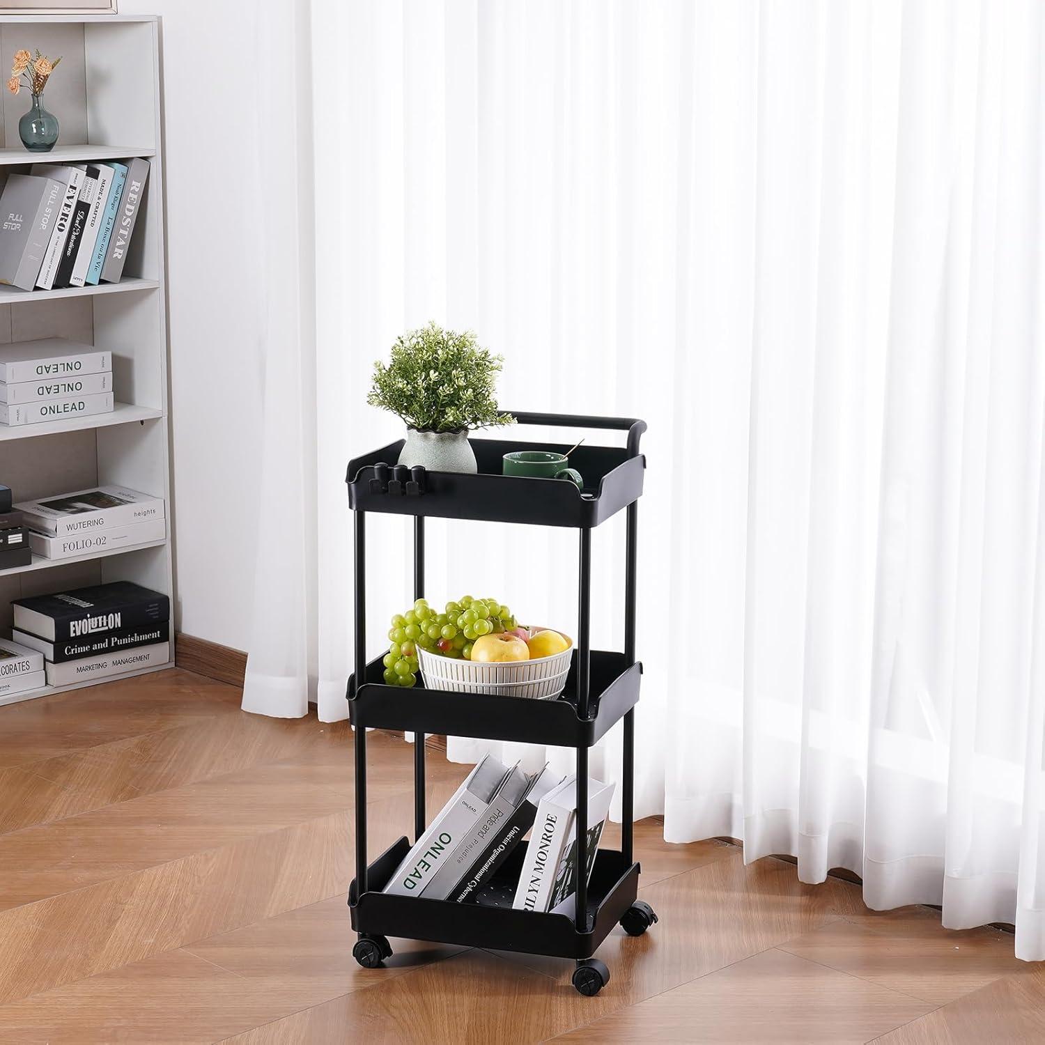 image:imageVEVOR 3Tier Rolling Utility Cart with Handle MultiFunctional Storage Trolley with Lockable Wheels Utility Cart KitchenUnder Desk Cart for Office Living Room Kitchen Bedroom Black