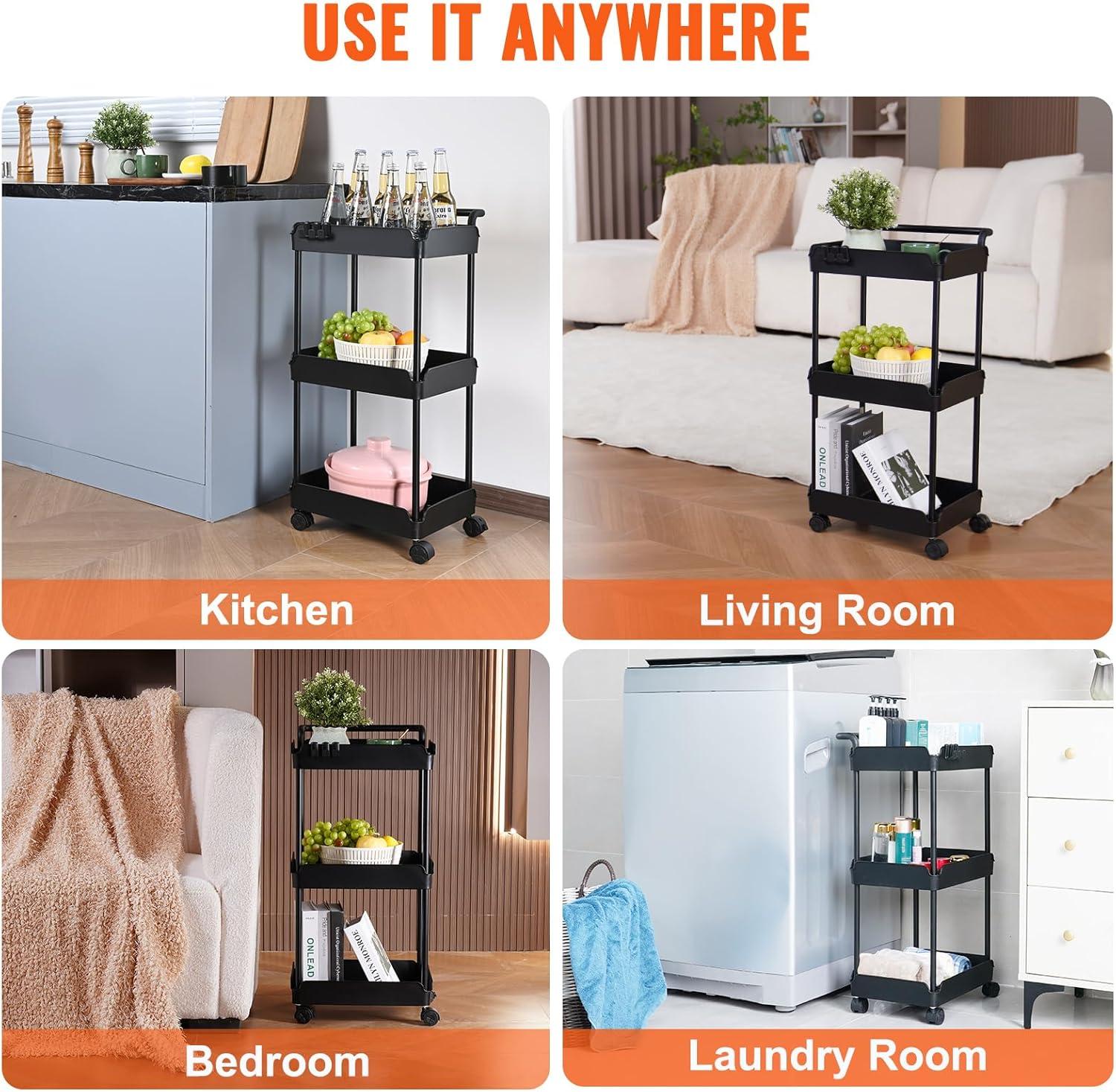image:imageVEVOR 3Tier Rolling Utility Cart with Handle MultiFunctional Storage Trolley with Lockable Wheels Utility Cart KitchenUnder Desk Cart for Office Living Room Kitchen Bedroom Black