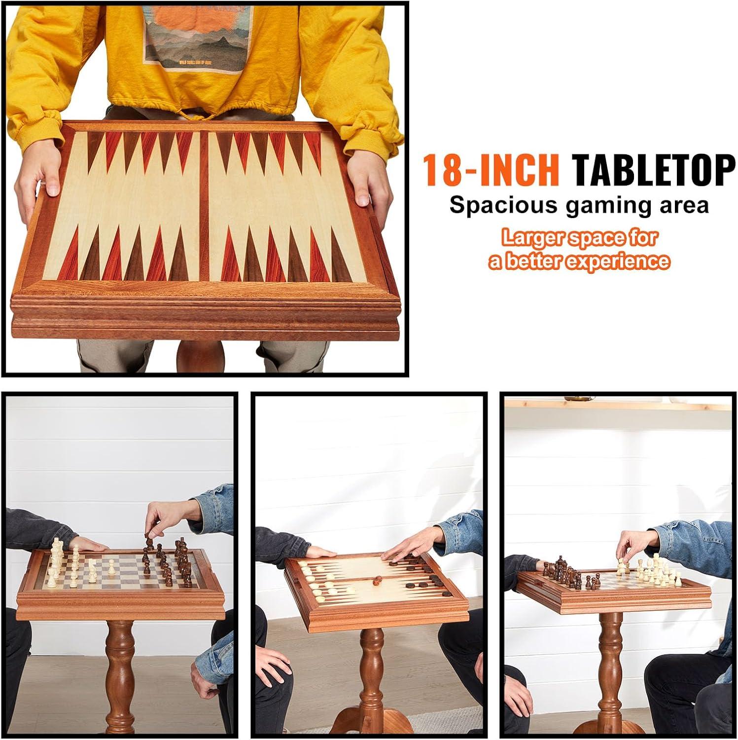 image:imageVEVOR 3in1 Chess Checkers Backgammon Table Set 18 Inch Premium Wooden Chess Table Deluxe Combo Game Table Furniture Set Chess Set Board Game Gift for Family Board GamesBrown