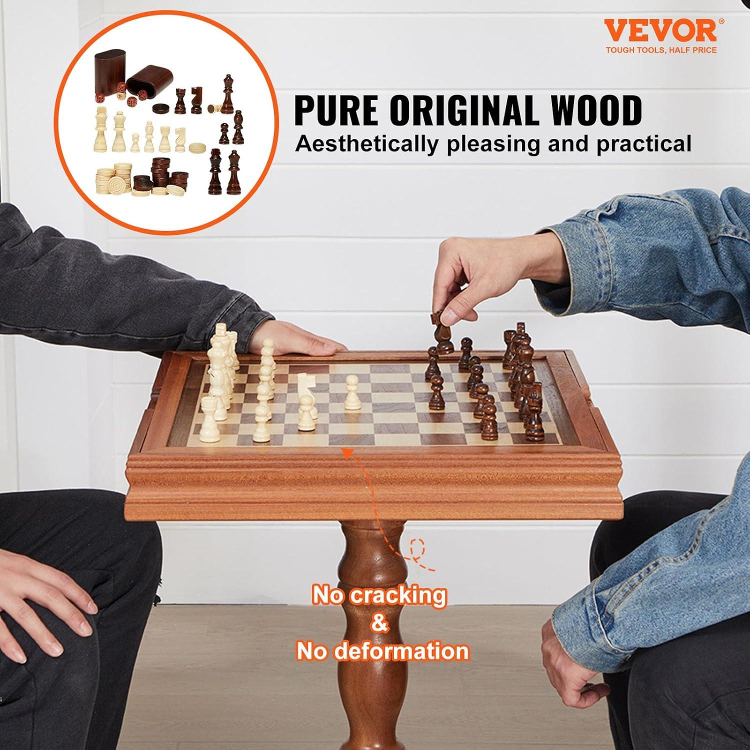 image:imageVEVOR 3in1 Chess Checkers Backgammon Table Set 18 Inch Premium Wooden Chess Table Deluxe Combo Game Table Furniture Set Chess Set Board Game Gift for Family Board GamesBrown