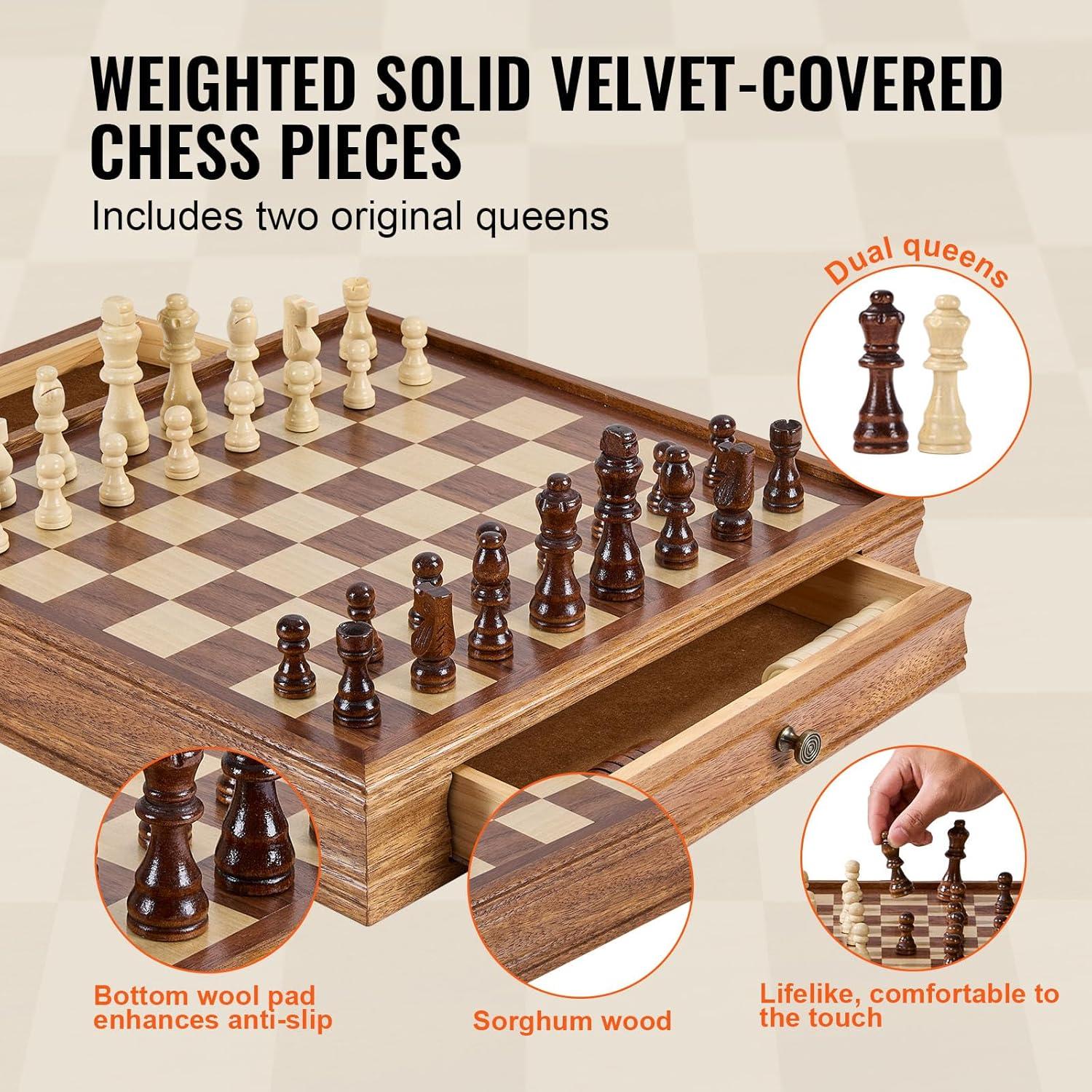 image:imageVEVOR 3in1 Chess Checkers Backgammon Table Set 18 Inch Premium Wooden Chess Table Deluxe Combo Game Table Furniture Set Chess Set Board Game Gift for Family Board GamesBrown