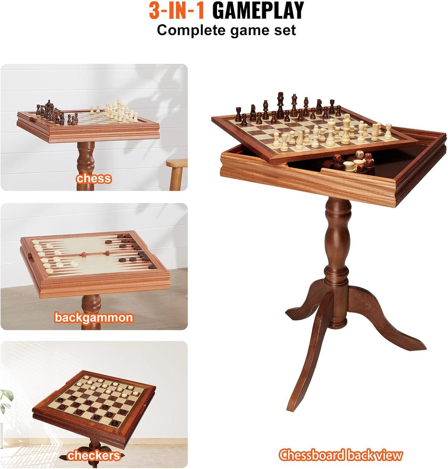 image:imageVEVOR 3in1 Chess Checkers Backgammon Table Set 18 Inch Premium Wooden Chess Table Deluxe Combo Game Table Furniture Set Chess Set Board Game Gift for Family Board GamesBrown