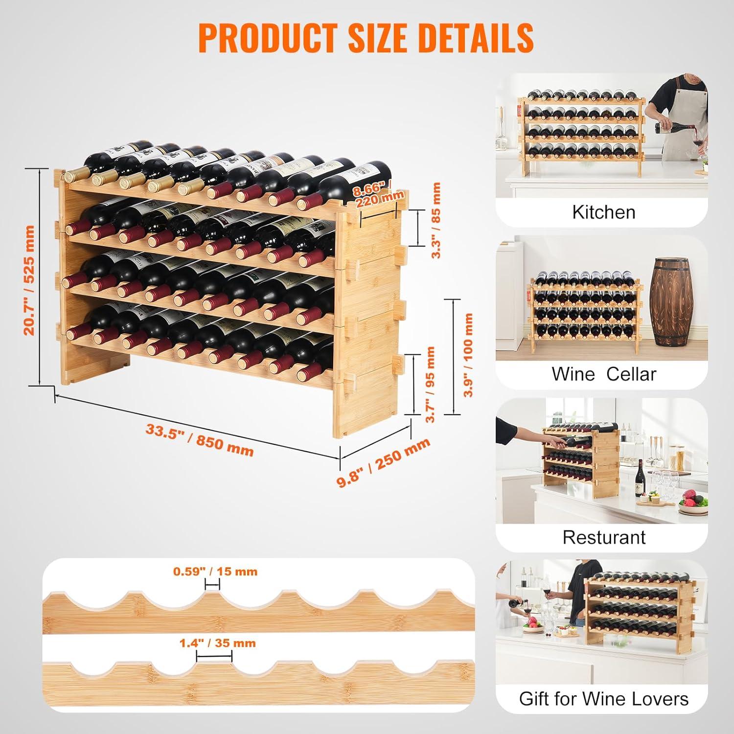 image:imageVEVOR 42 Bottle Modular Wine Rack 7Tier Solid Bamboo Wood Storage Racks with Table Top Floor Freestanding Wines Holder Display Shelf WobbleFree Shelves for Kitchen Bar and Cellar BlackOriginal Wooden Colour