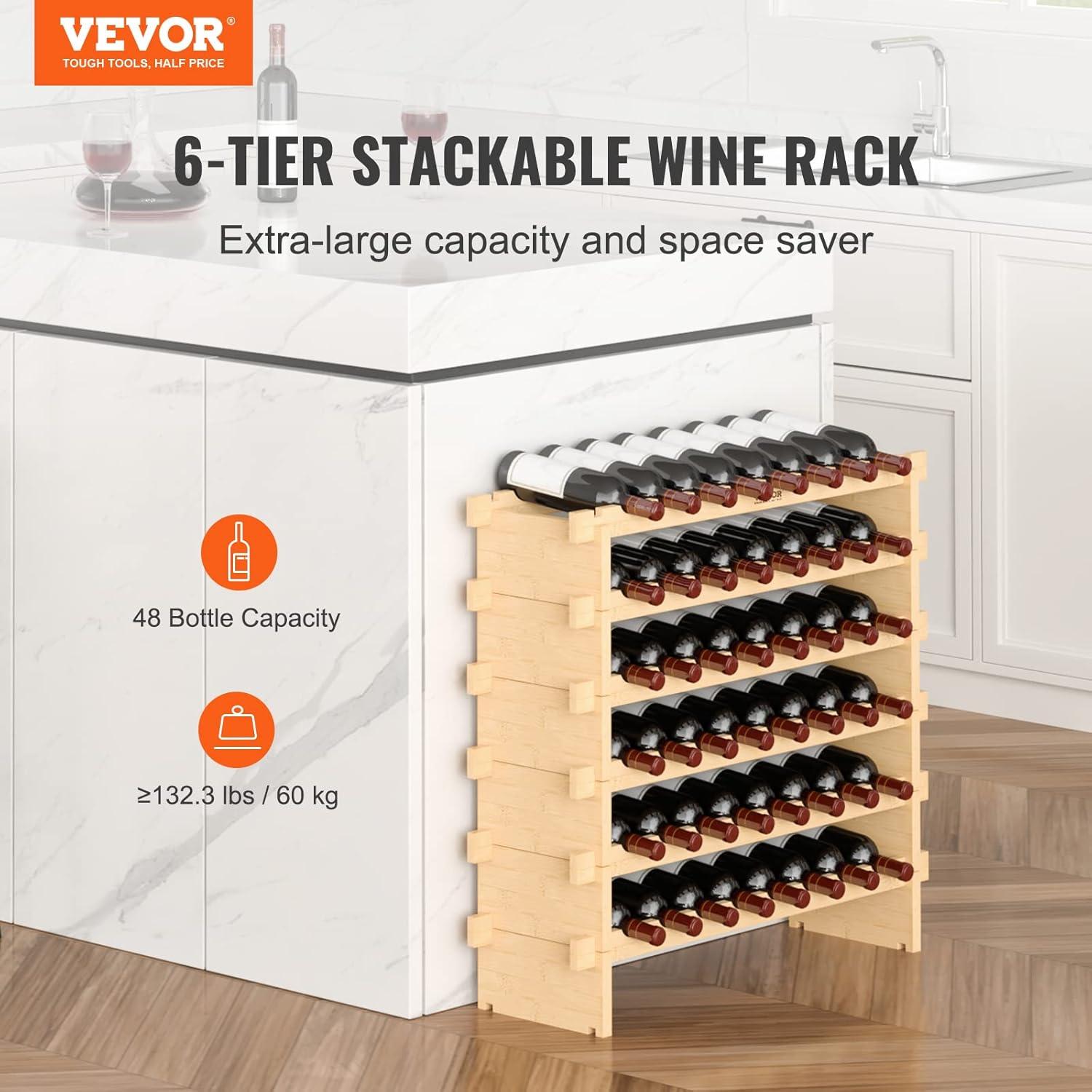image:imageVEVOR 42 Bottle Modular Wine Rack 7Tier Solid Bamboo Wood Storage Racks with Table Top Floor Freestanding Wines Holder Display Shelf WobbleFree Shelves for Kitchen Bar and Cellar BlackNatural Wood Color
