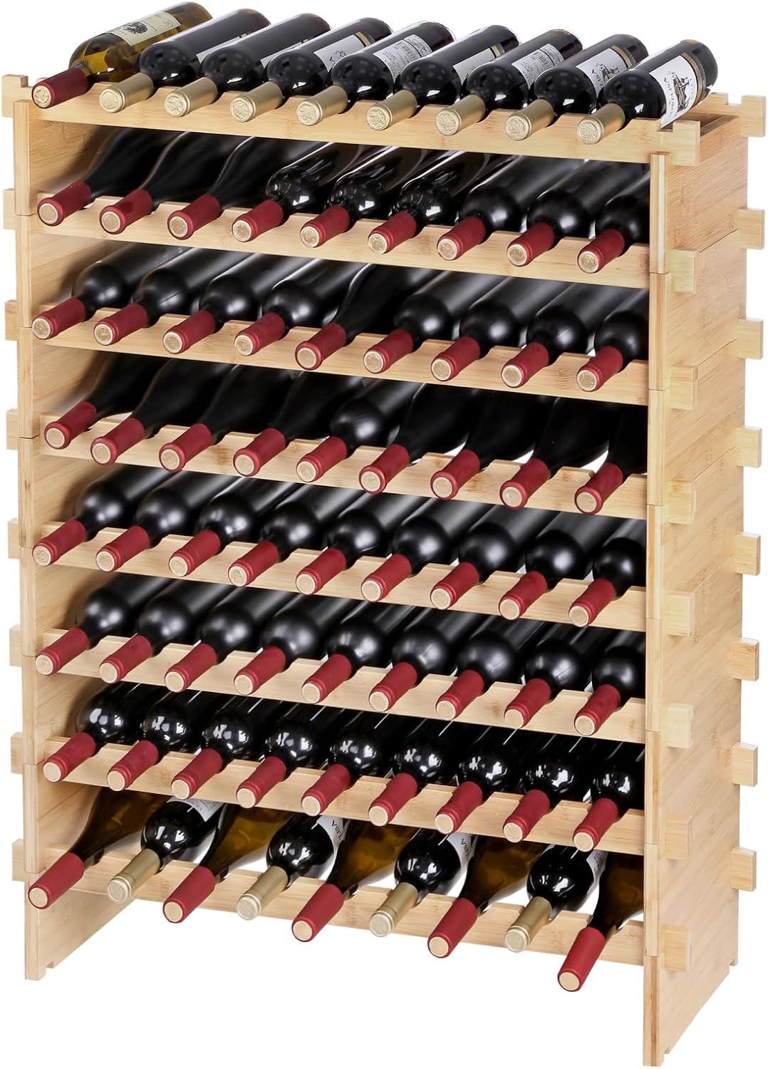 image:imageVEVOR 42 Bottle Modular Wine Rack 7Tier Solid Bamboo Wood Storage Racks with Table Top Floor Freestanding Wines Holder Display Shelf WobbleFree Shelves for Kitchen Bar and Cellar BlackNatural Wood Color
