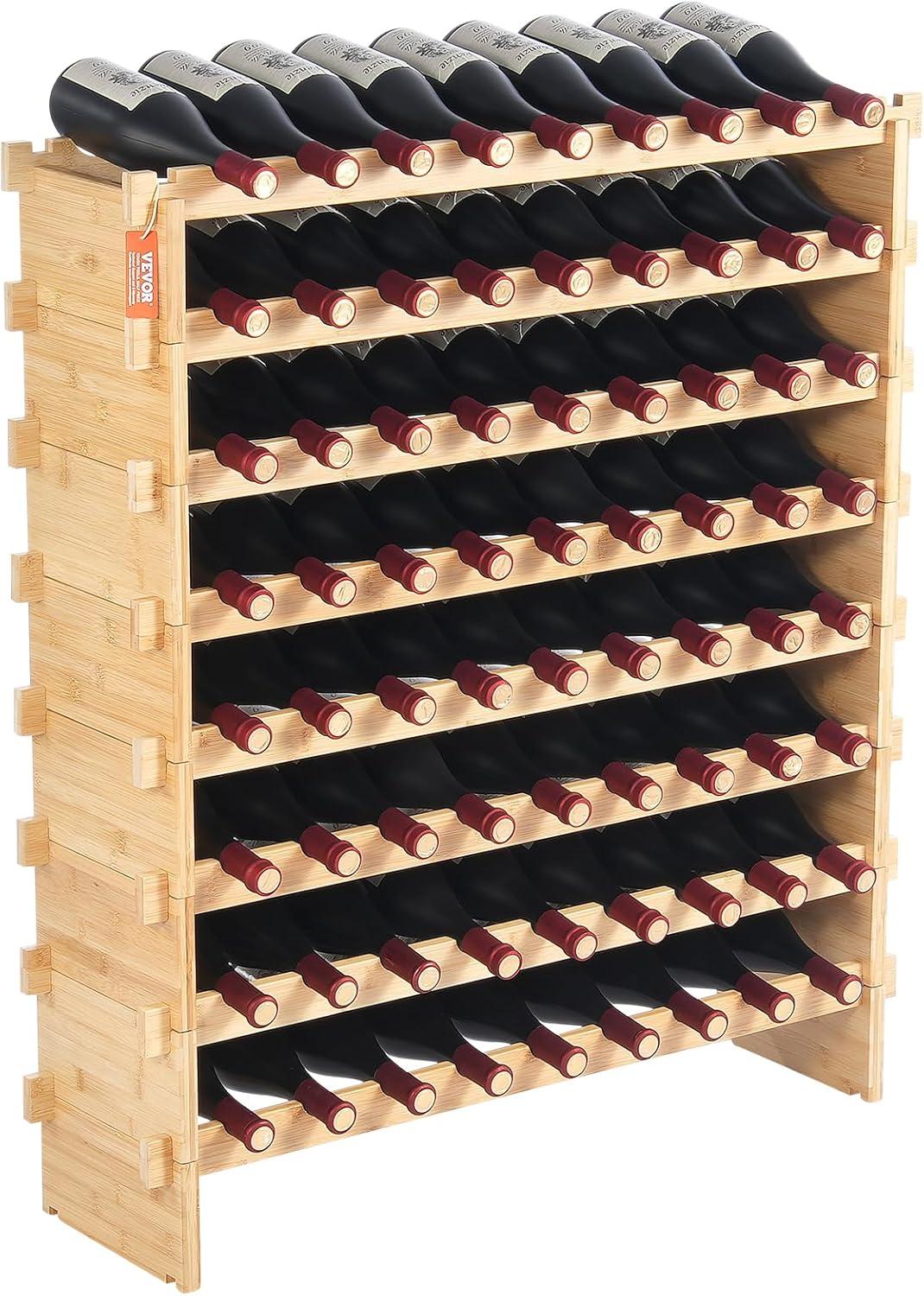 image:imageVEVOR 42 Bottle Modular Wine Rack 7Tier Solid Bamboo Wood Storage Racks with Table Top Floor Freestanding Wines Holder Display Shelf WobbleFree Shelves for Kitchen Bar and Cellar BlackOriginal Wooden Colour