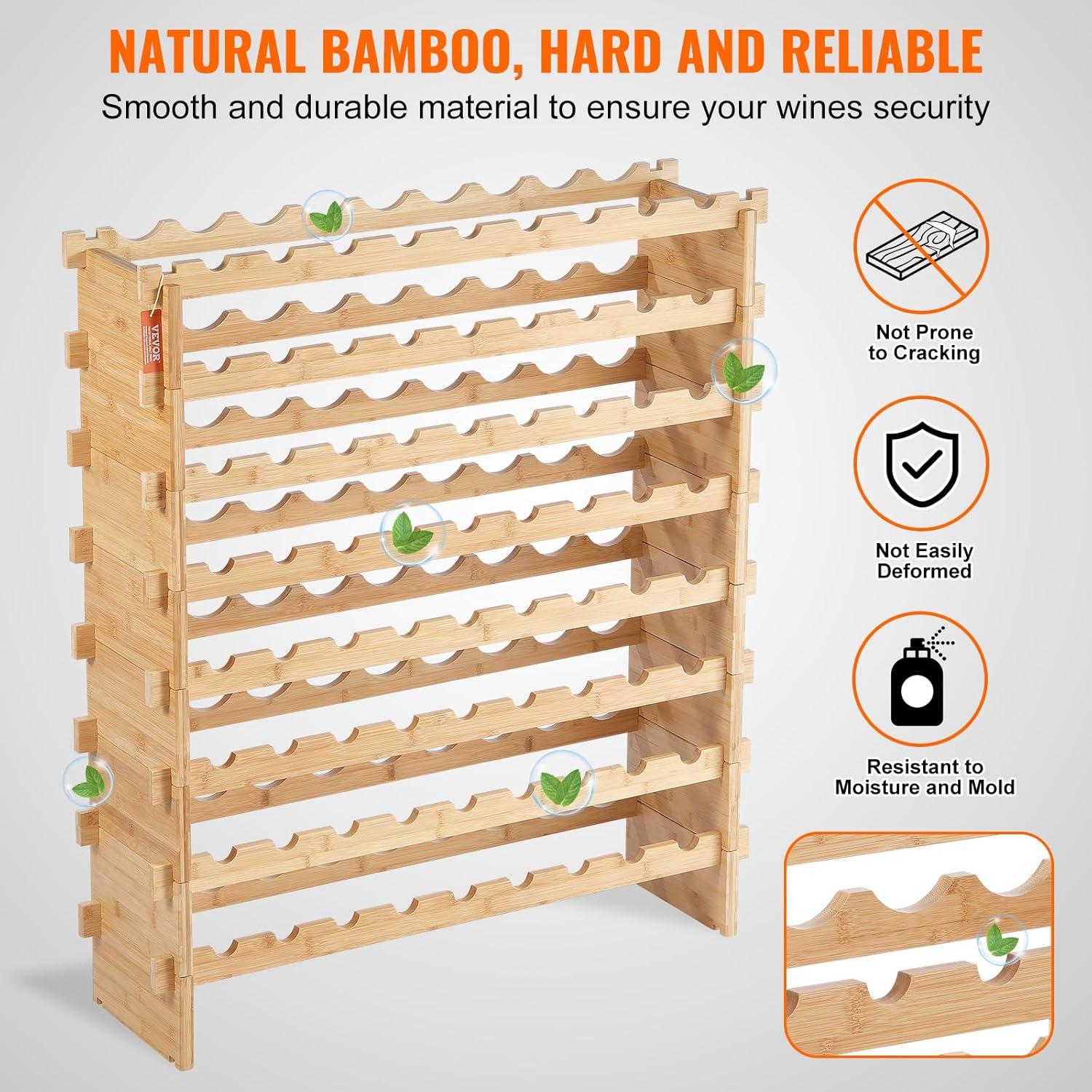 image:imageVEVOR 42 Bottle Modular Wine Rack 7Tier Solid Bamboo Wood Storage Racks with Table Top Floor Freestanding Wines Holder Display Shelf WobbleFree Shelves for Kitchen Bar and Cellar BlackOriginal Wooden Colour