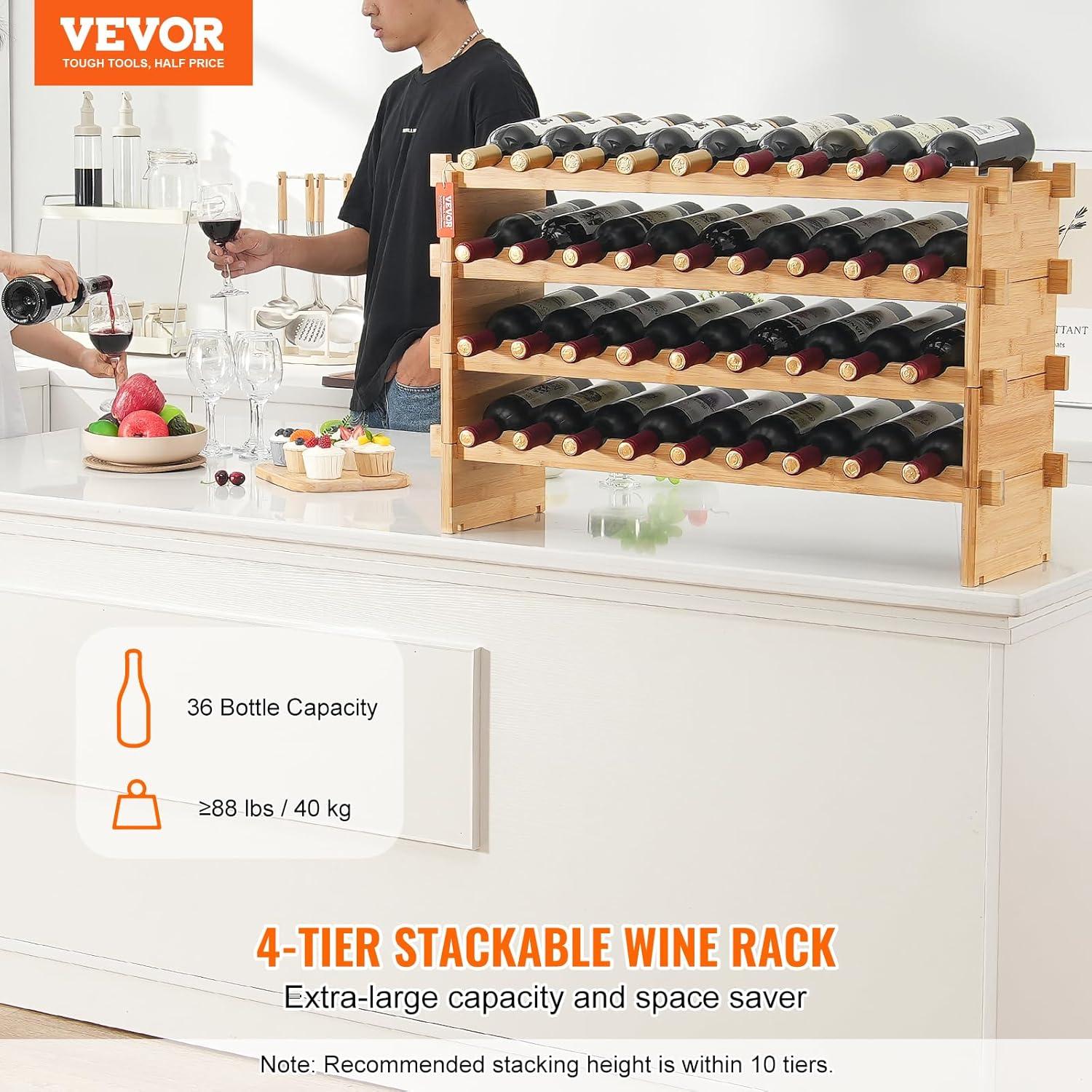 image:imageVEVOR 42 Bottle Modular Wine Rack 7Tier Solid Bamboo Wood Storage Racks with Table Top Floor Freestanding Wines Holder Display Shelf WobbleFree Shelves for Kitchen Bar and Cellar BlackOriginal Wooden Colour