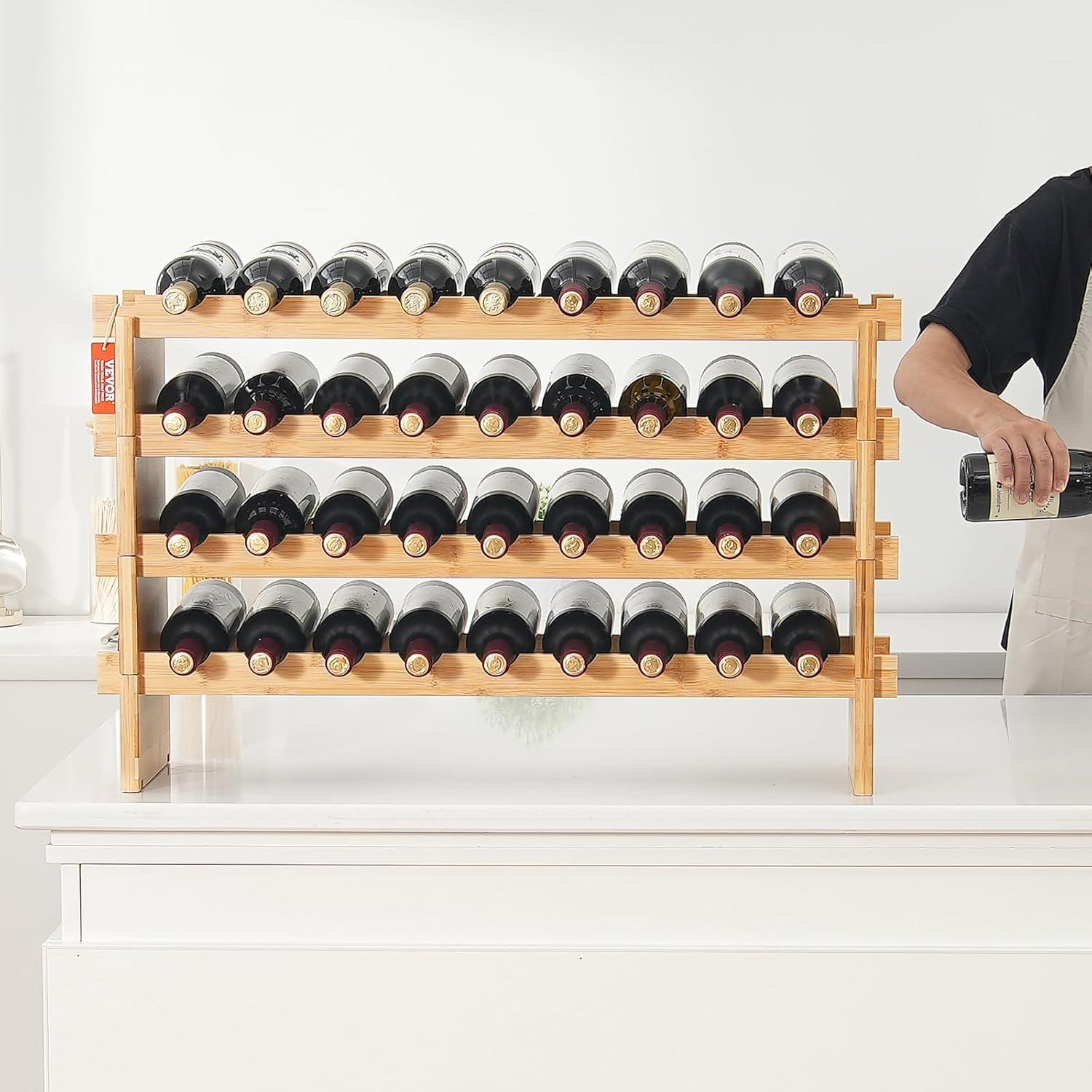 image:imageVEVOR 42 Bottle Modular Wine Rack 7Tier Solid Bamboo Wood Storage Racks with Table Top Floor Freestanding Wines Holder Display Shelf WobbleFree Shelves for Kitchen Bar and Cellar BlackOriginal Wooden Colour