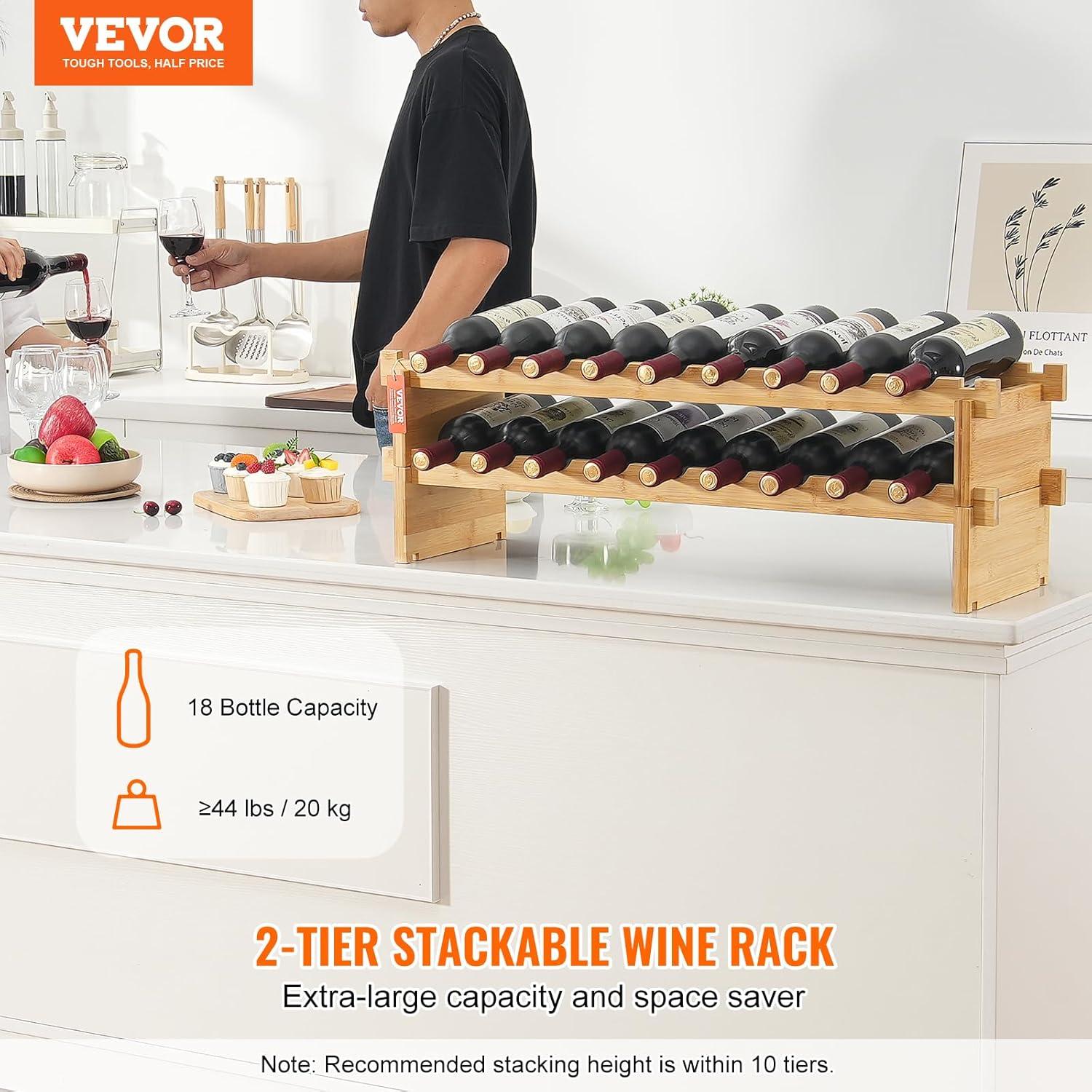 image:imageVEVOR 42 Bottle Modular Wine Rack 7Tier Solid Bamboo Wood Storage Racks with Table Top Floor Freestanding Wines Holder Display Shelf WobbleFree Shelves for Kitchen Bar and Cellar BlackOriginal Wooden Colour