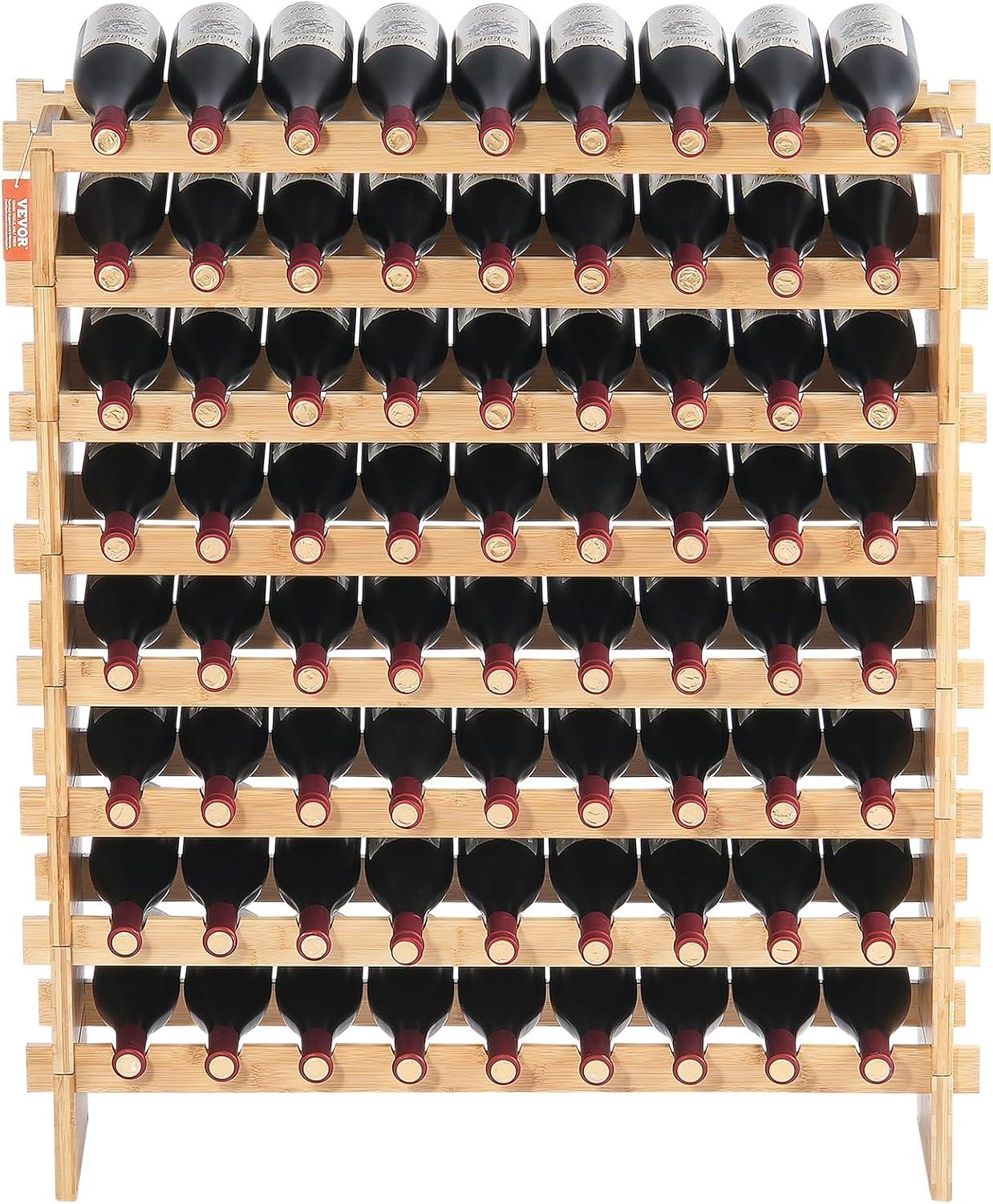 image:imageVEVOR 42 Bottle Modular Wine Rack 7Tier Solid Bamboo Wood Storage Racks with Table Top Floor Freestanding Wines Holder Display Shelf WobbleFree Shelves for Kitchen Bar and Cellar BlackOriginal Wooden Colour