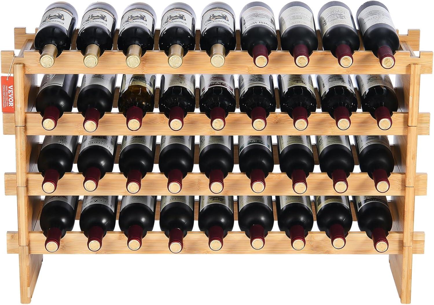 image:imageVEVOR 42 Bottle Modular Wine Rack 7Tier Solid Bamboo Wood Storage Racks with Table Top Floor Freestanding Wines Holder Display Shelf WobbleFree Shelves for Kitchen Bar and Cellar BlackOriginal Wooden Colour