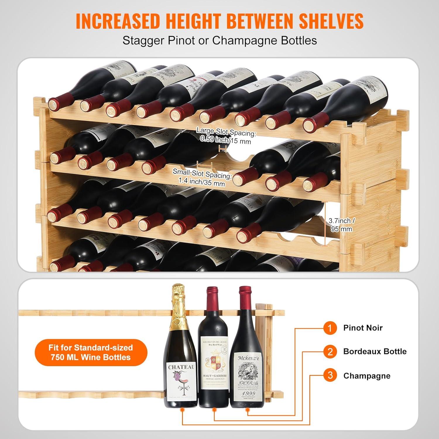 image:imageVEVOR 42 Bottle Modular Wine Rack 7Tier Solid Bamboo Wood Storage Racks with Table Top Floor Freestanding Wines Holder Display Shelf WobbleFree Shelves for Kitchen Bar and Cellar BlackOriginal Wooden Colour