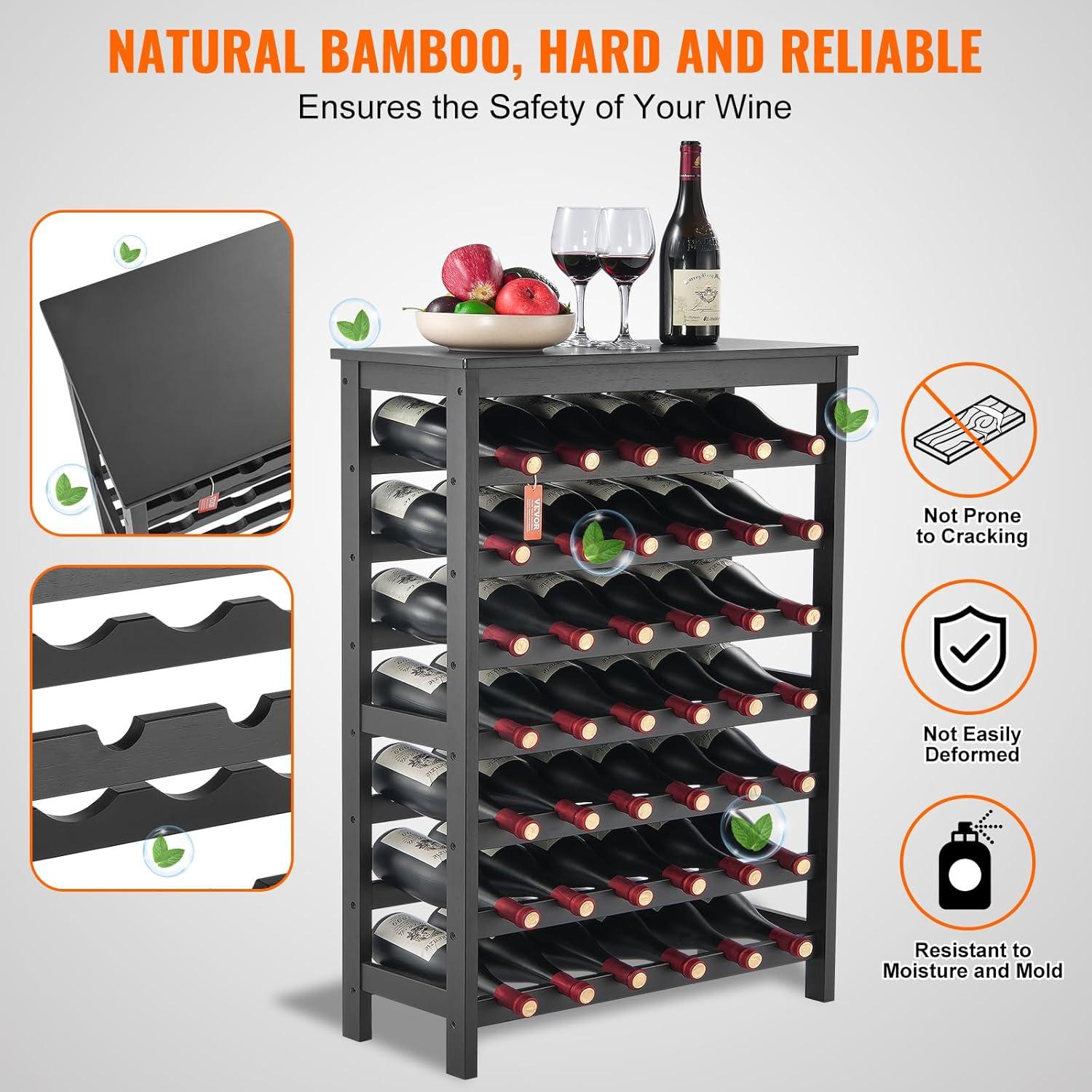 image:imageVEVOR 42 Bottle Modular Wine Rack 7Tier Solid Bamboo Wood Storage Racks with Table Top Floor Freestanding Wines Holder Display Shelf WobbleFree Shelves for Kitchen Bar and Cellar BlackBlack