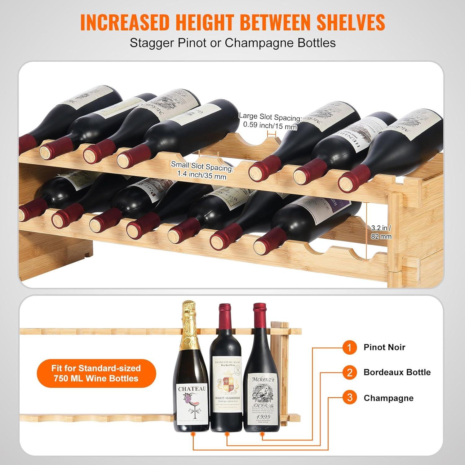 image:imageVEVOR 42 Bottle Modular Wine Rack 7Tier Solid Bamboo Wood Storage Racks with Table Top Floor Freestanding Wines Holder Display Shelf WobbleFree Shelves for Kitchen Bar and Cellar BlackOriginal Wooden Colour