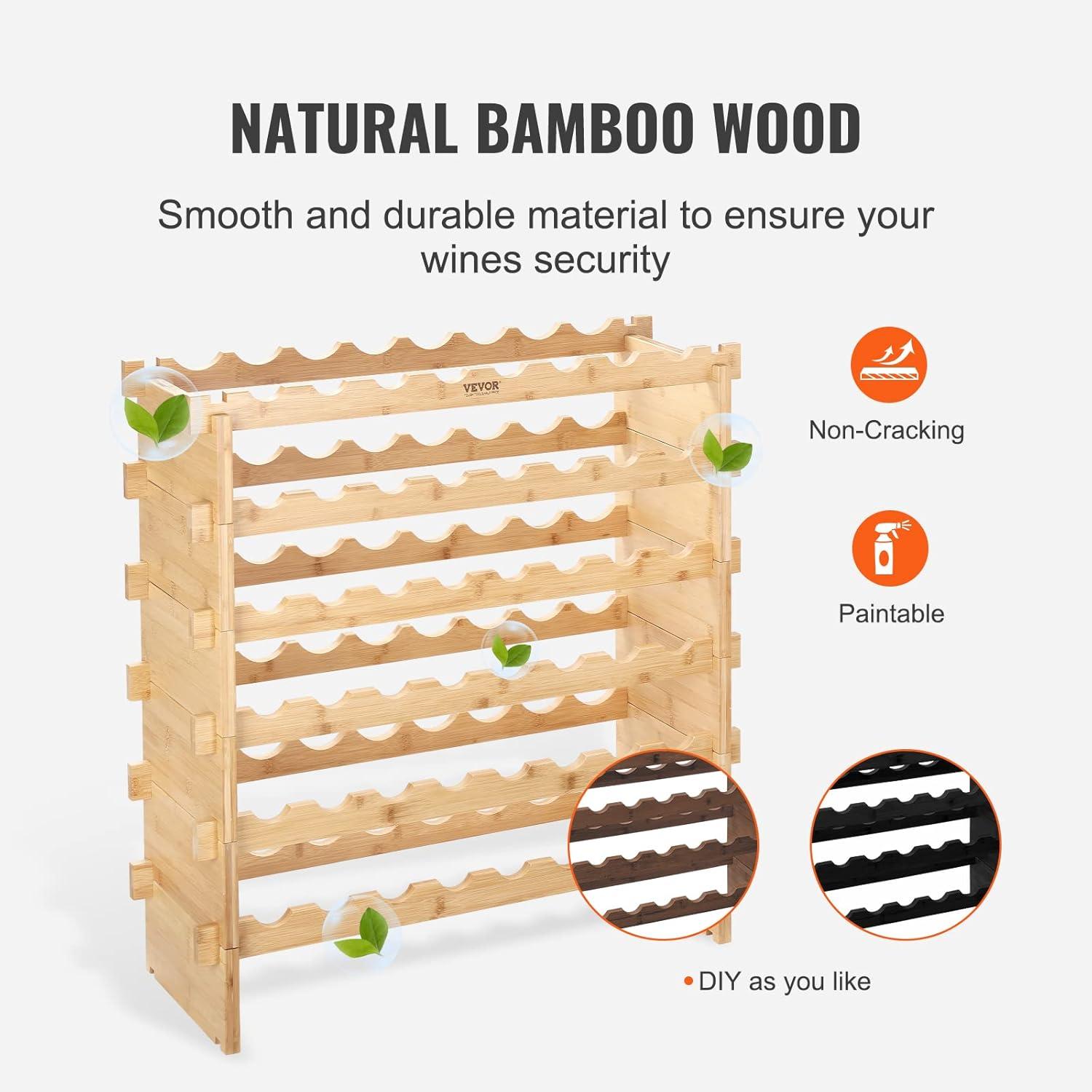 image:imageVEVOR 42 Bottle Modular Wine Rack 7Tier Solid Bamboo Wood Storage Racks with Table Top Floor Freestanding Wines Holder Display Shelf WobbleFree Shelves for Kitchen Bar and Cellar BlackNatural Wood Color