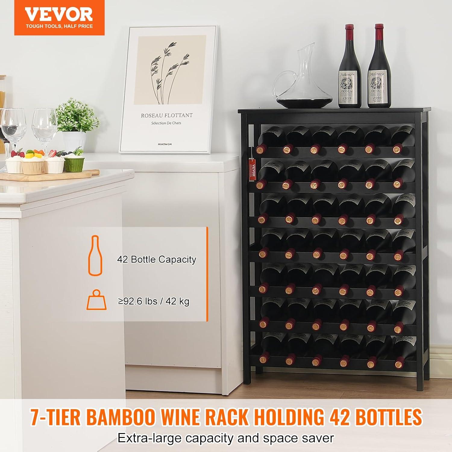 image:imageVEVOR 42 Bottle Modular Wine Rack 7Tier Solid Bamboo Wood Storage Racks with Table Top Floor Freestanding Wines Holder Display Shelf WobbleFree Shelves for Kitchen Bar and Cellar BlackBlack