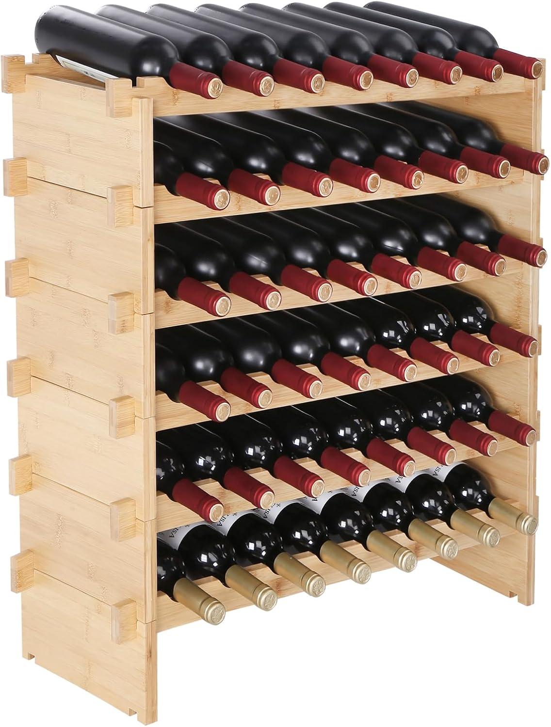 image:imageVEVOR 42 Bottle Modular Wine Rack 7Tier Solid Bamboo Wood Storage Racks with Table Top Floor Freestanding Wines Holder Display Shelf WobbleFree Shelves for Kitchen Bar and Cellar BlackNatural Wood Color