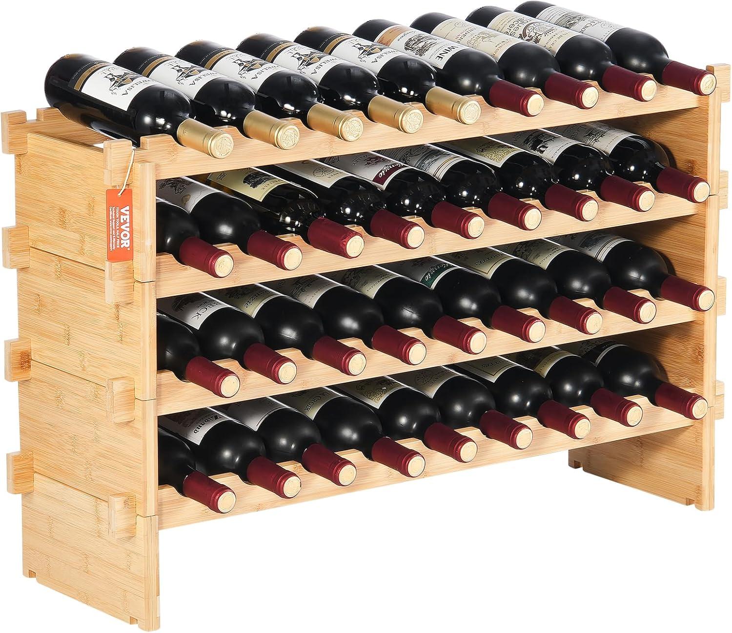 image:imageVEVOR 42 Bottle Modular Wine Rack 7Tier Solid Bamboo Wood Storage Racks with Table Top Floor Freestanding Wines Holder Display Shelf WobbleFree Shelves for Kitchen Bar and Cellar BlackOriginal Wooden Colour