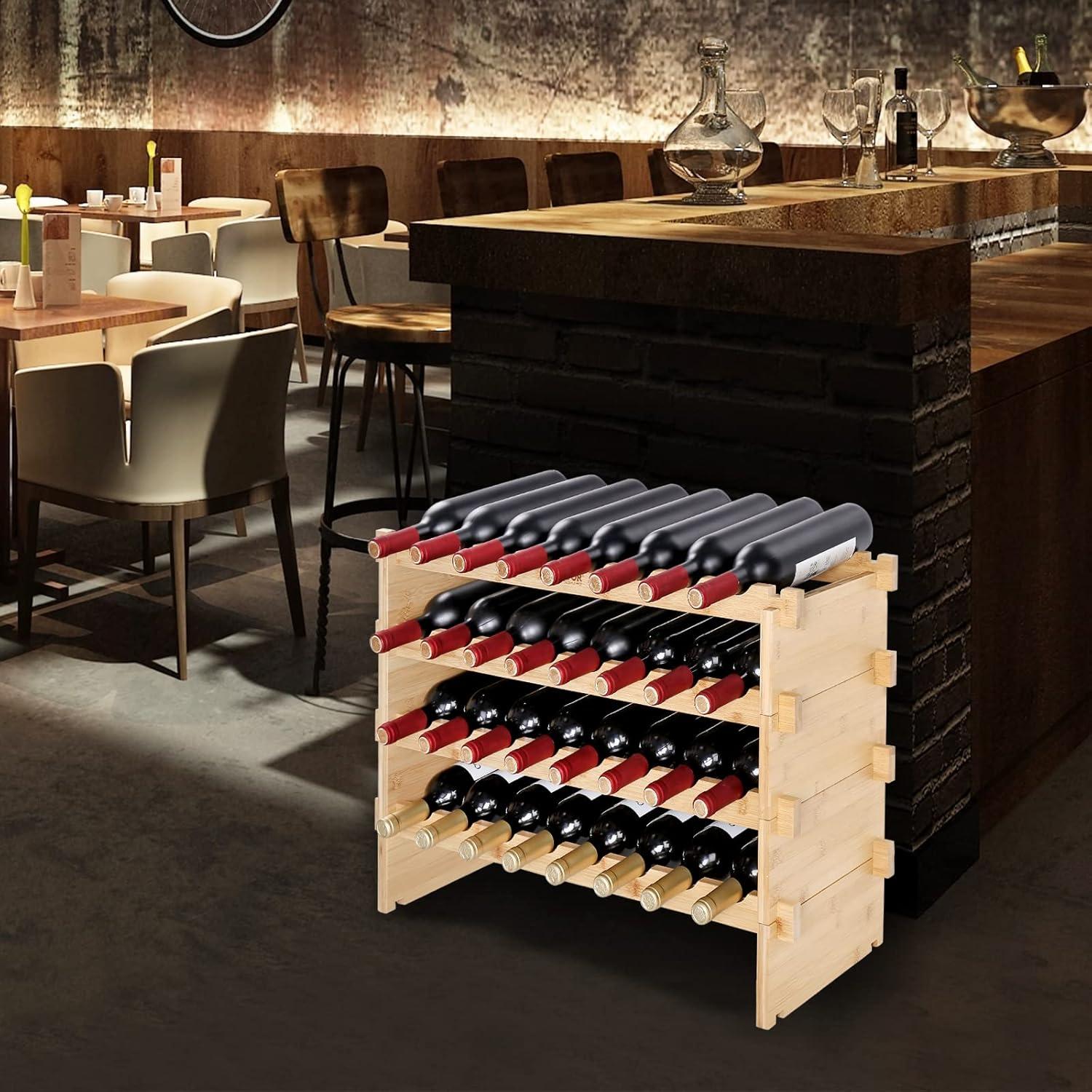 image:imageVEVOR 42 Bottle Modular Wine Rack 7Tier Solid Bamboo Wood Storage Racks with Table Top Floor Freestanding Wines Holder Display Shelf WobbleFree Shelves for Kitchen Bar and Cellar BlackNatural Wood Color