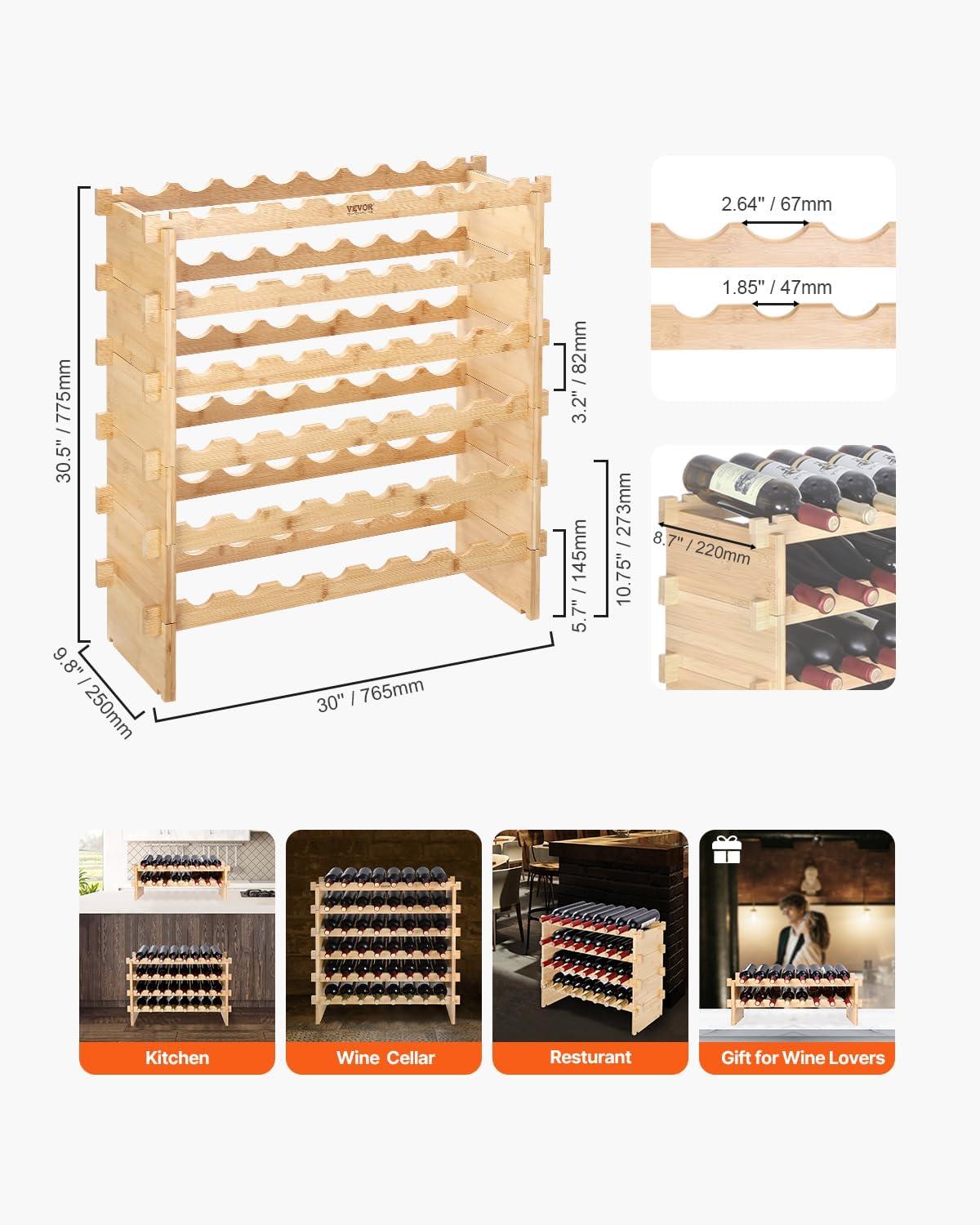 image:imageVEVOR 42 Bottle Modular Wine Rack 7Tier Solid Bamboo Wood Storage Racks with Table Top Floor Freestanding Wines Holder Display Shelf WobbleFree Shelves for Kitchen Bar and Cellar BlackNatural Wood Color