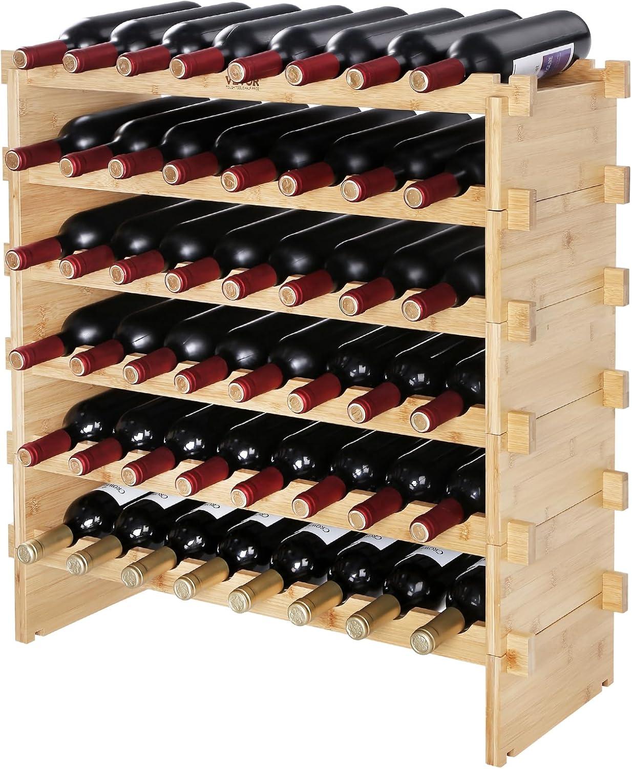 image:imageVEVOR 42 Bottle Modular Wine Rack 7Tier Solid Bamboo Wood Storage Racks with Table Top Floor Freestanding Wines Holder Display Shelf WobbleFree Shelves for Kitchen Bar and Cellar BlackNatural Wood Color