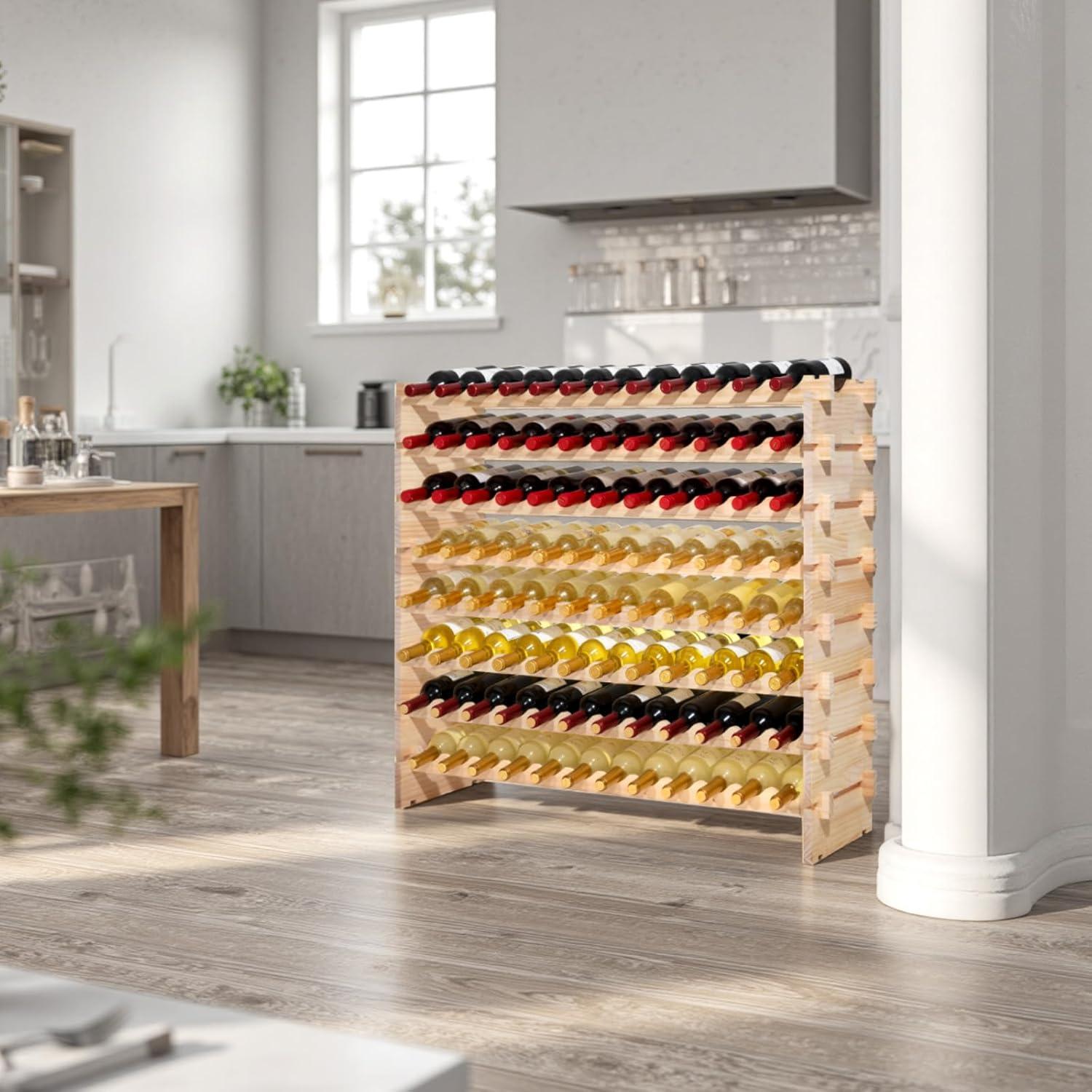 image:imageVEVOR 42 Bottle Modular Wine Rack 7Tier Solid Bamboo Wood Storage Racks with Table Top Floor Freestanding Wines Holder Display Shelf WobbleFree Shelves for Kitchen Bar and Cellar BlackNatural Wood Color