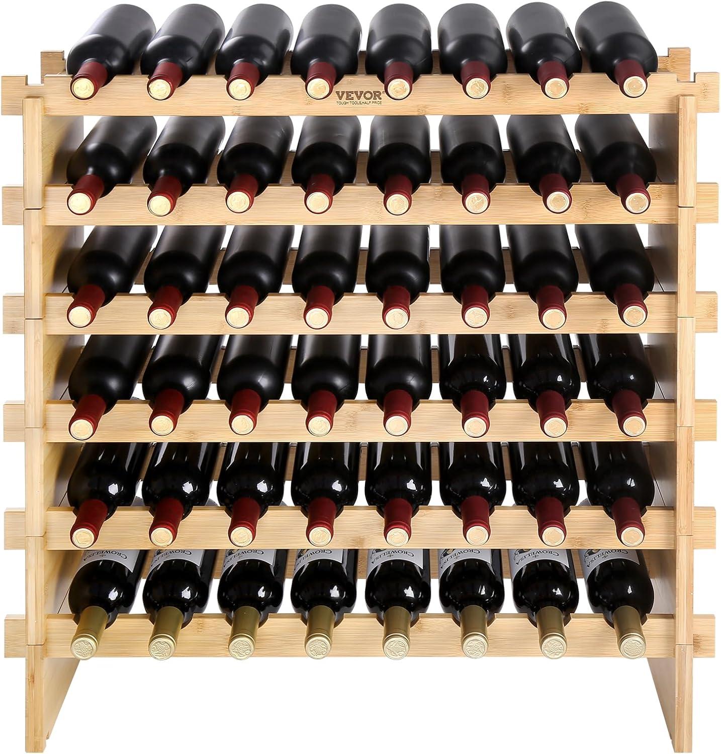 image:imageVEVOR 42 Bottle Modular Wine Rack 7Tier Solid Bamboo Wood Storage Racks with Table Top Floor Freestanding Wines Holder Display Shelf WobbleFree Shelves for Kitchen Bar and Cellar BlackNatural Wood Color