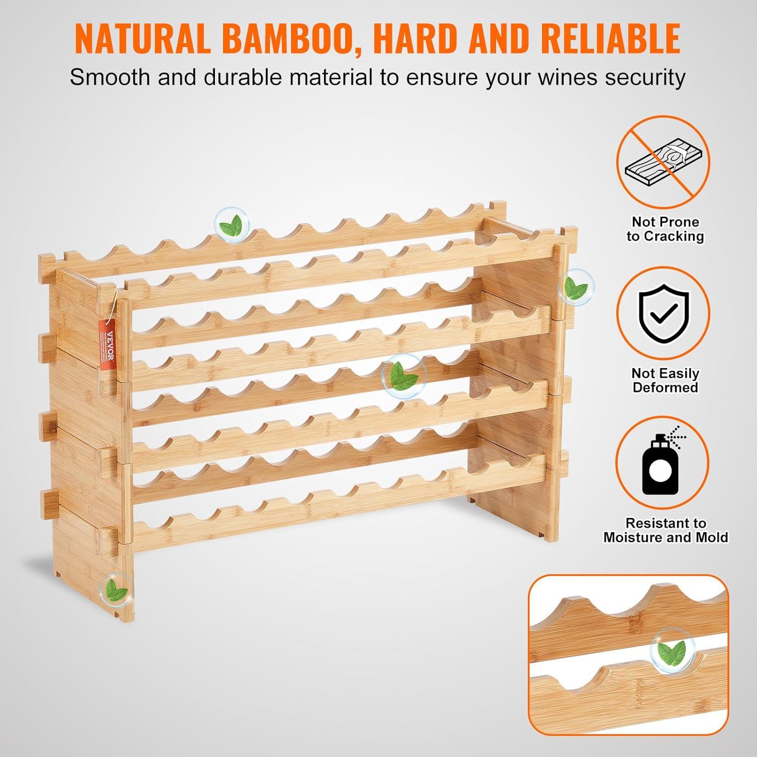 image:imageVEVOR 42 Bottle Modular Wine Rack 7Tier Solid Bamboo Wood Storage Racks with Table Top Floor Freestanding Wines Holder Display Shelf WobbleFree Shelves for Kitchen Bar and Cellar BlackOriginal Wooden Colour