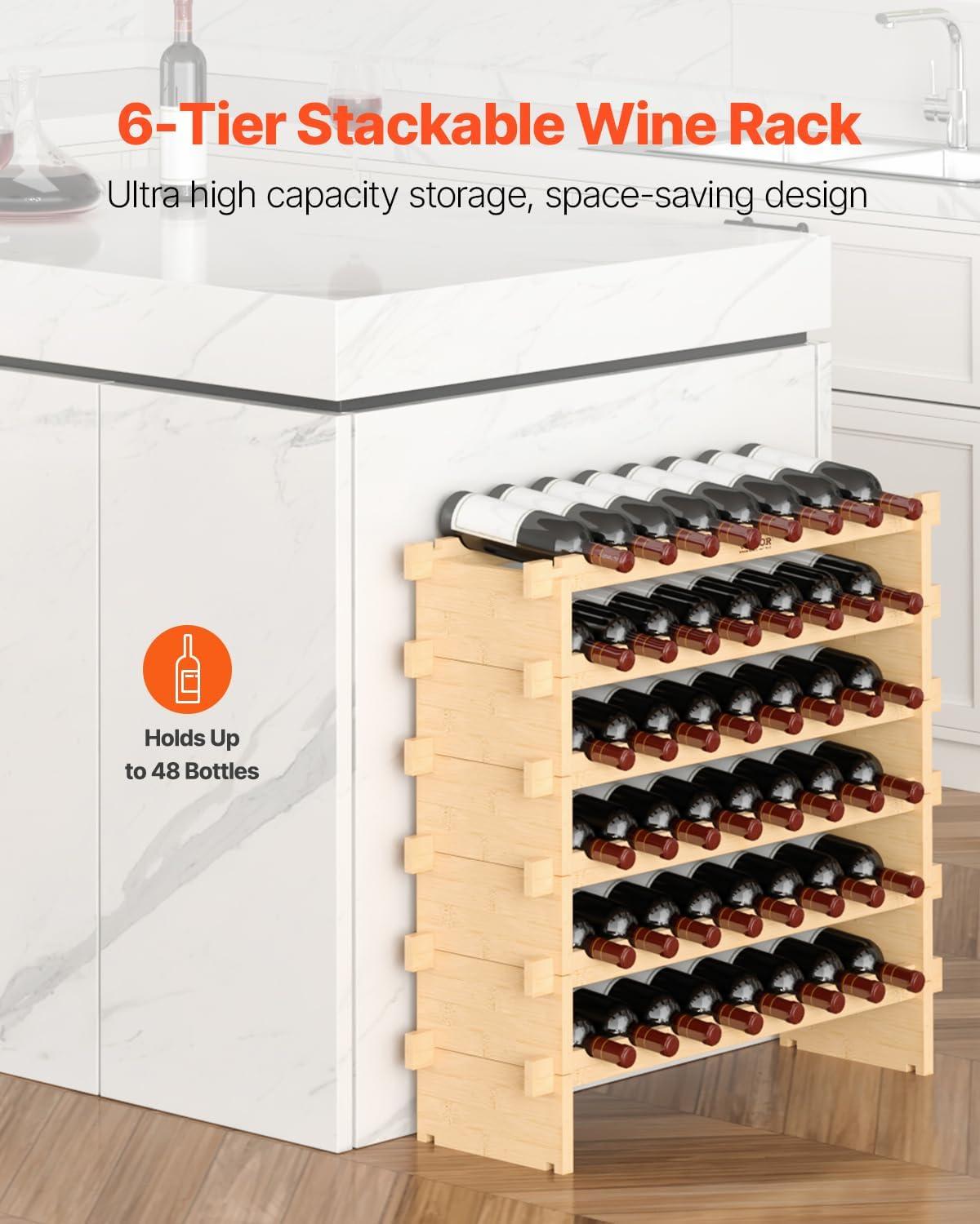 image:imageVEVOR 42 Bottle Modular Wine Rack 7Tier Solid Bamboo Wood Storage Racks with Table Top Floor Freestanding Wines Holder Display Shelf WobbleFree Shelves for Kitchen Bar and Cellar BlackNatural Wood Color