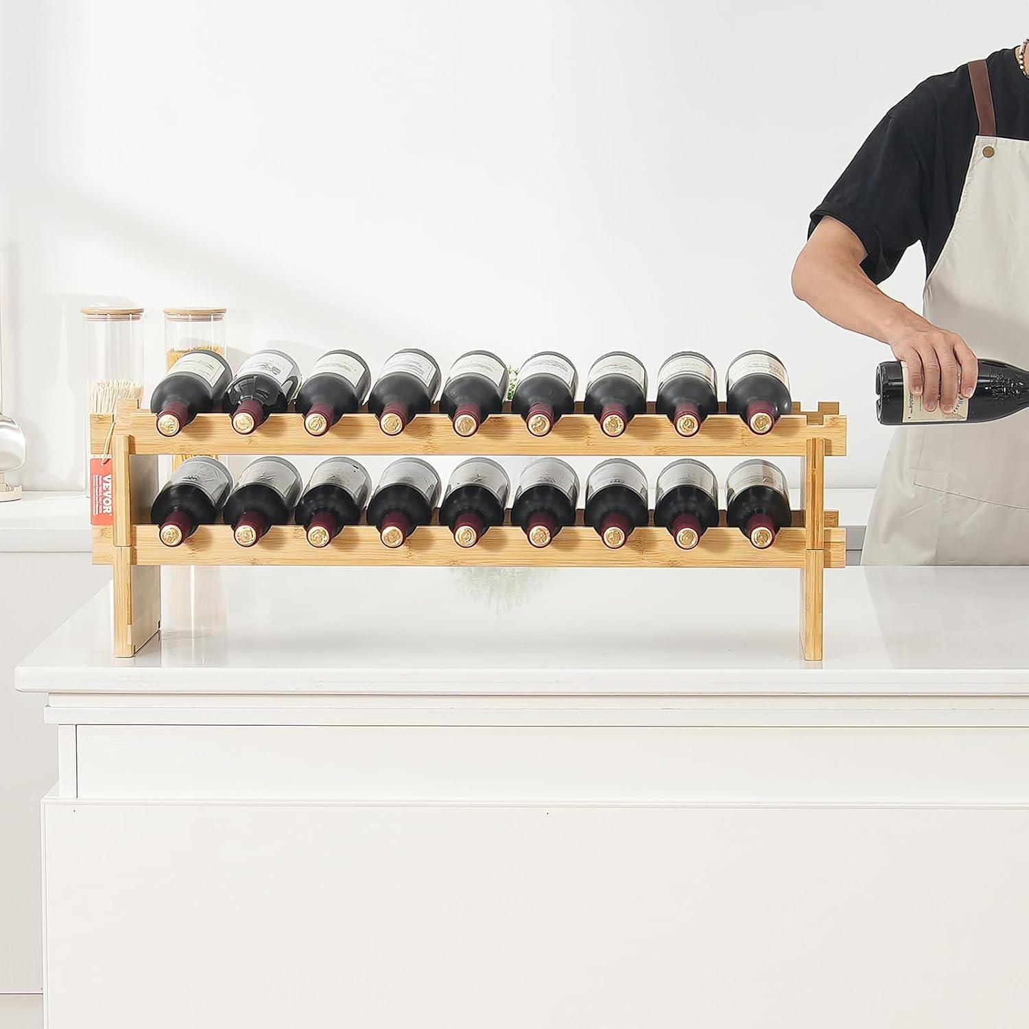 image:imageVEVOR 42 Bottle Modular Wine Rack 7Tier Solid Bamboo Wood Storage Racks with Table Top Floor Freestanding Wines Holder Display Shelf WobbleFree Shelves for Kitchen Bar and Cellar BlackOriginal Wooden Colour