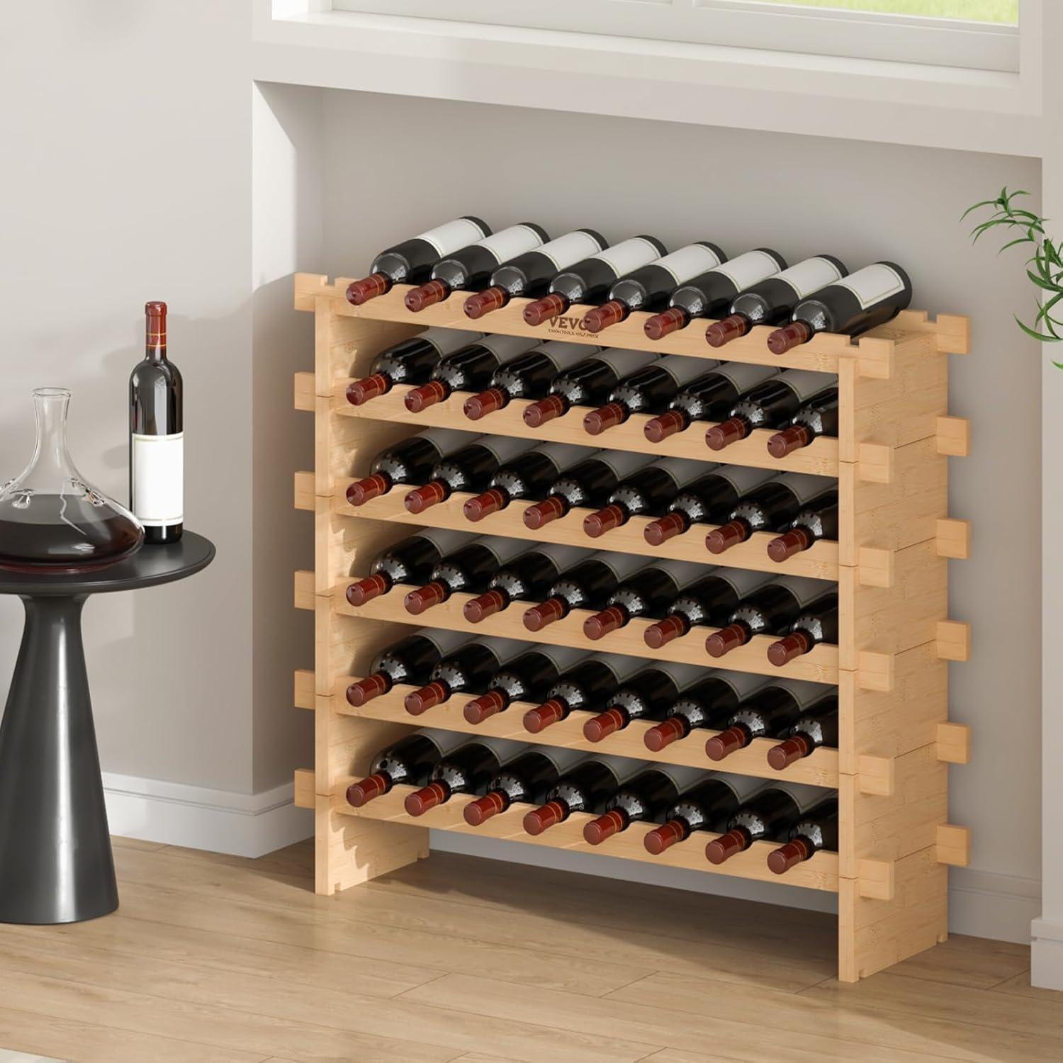 image:imageVEVOR 42 Bottle Modular Wine Rack 7Tier Solid Bamboo Wood Storage Racks with Table Top Floor Freestanding Wines Holder Display Shelf WobbleFree Shelves for Kitchen Bar and Cellar BlackNatural Wood Color
