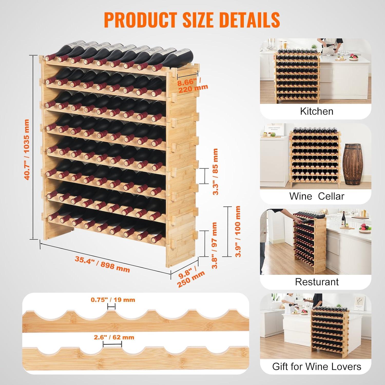 image:imageVEVOR 42 Bottle Modular Wine Rack 7Tier Solid Bamboo Wood Storage Racks with Table Top Floor Freestanding Wines Holder Display Shelf WobbleFree Shelves for Kitchen Bar and Cellar BlackOriginal Wooden Colour