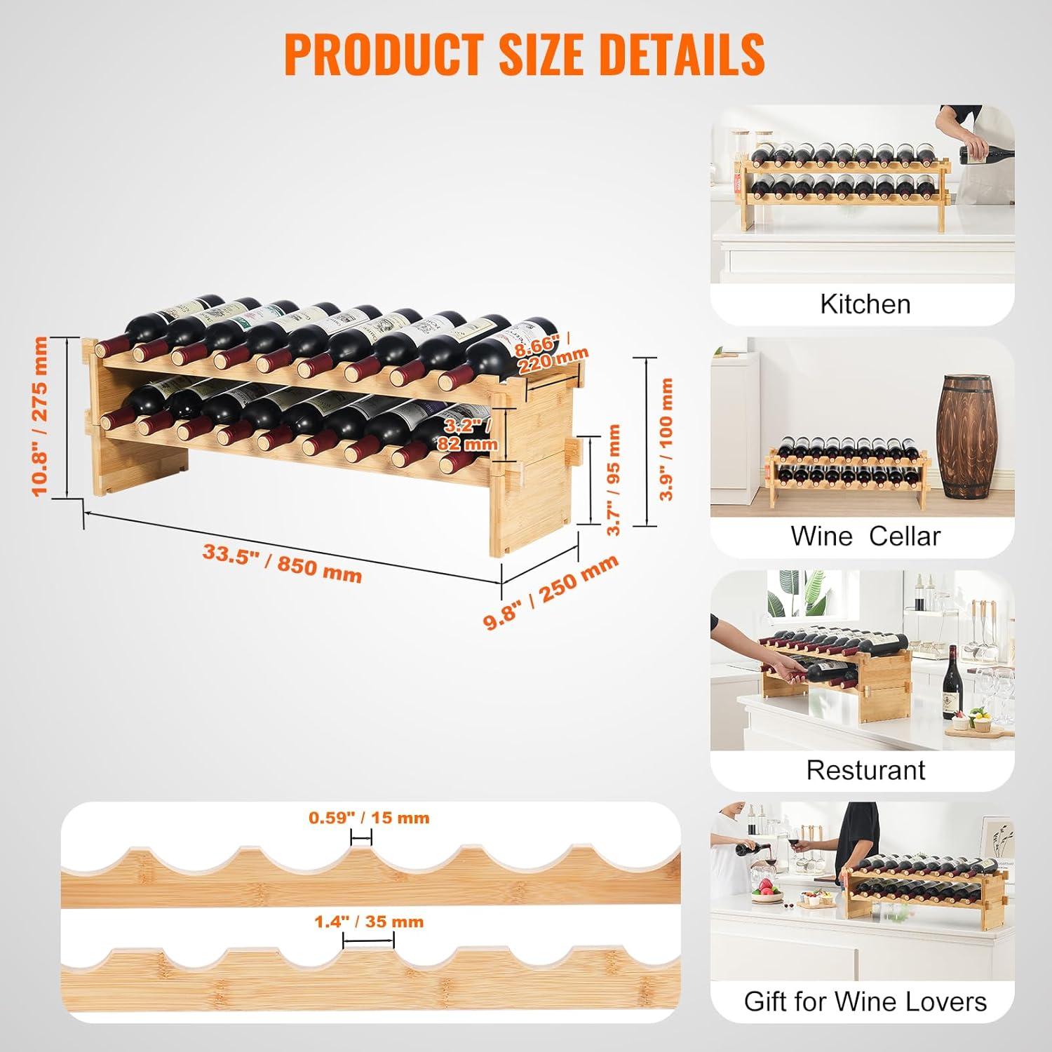 image:imageVEVOR 42 Bottle Modular Wine Rack 7Tier Solid Bamboo Wood Storage Racks with Table Top Floor Freestanding Wines Holder Display Shelf WobbleFree Shelves for Kitchen Bar and Cellar BlackOriginal Wooden Colour