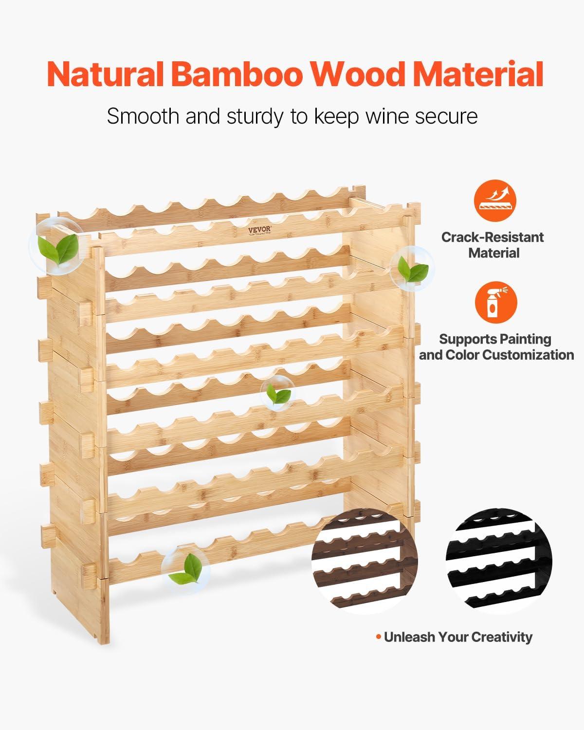 image:imageVEVOR 42 Bottle Modular Wine Rack 7Tier Solid Bamboo Wood Storage Racks with Table Top Floor Freestanding Wines Holder Display Shelf WobbleFree Shelves for Kitchen Bar and Cellar BlackNatural Wood Color