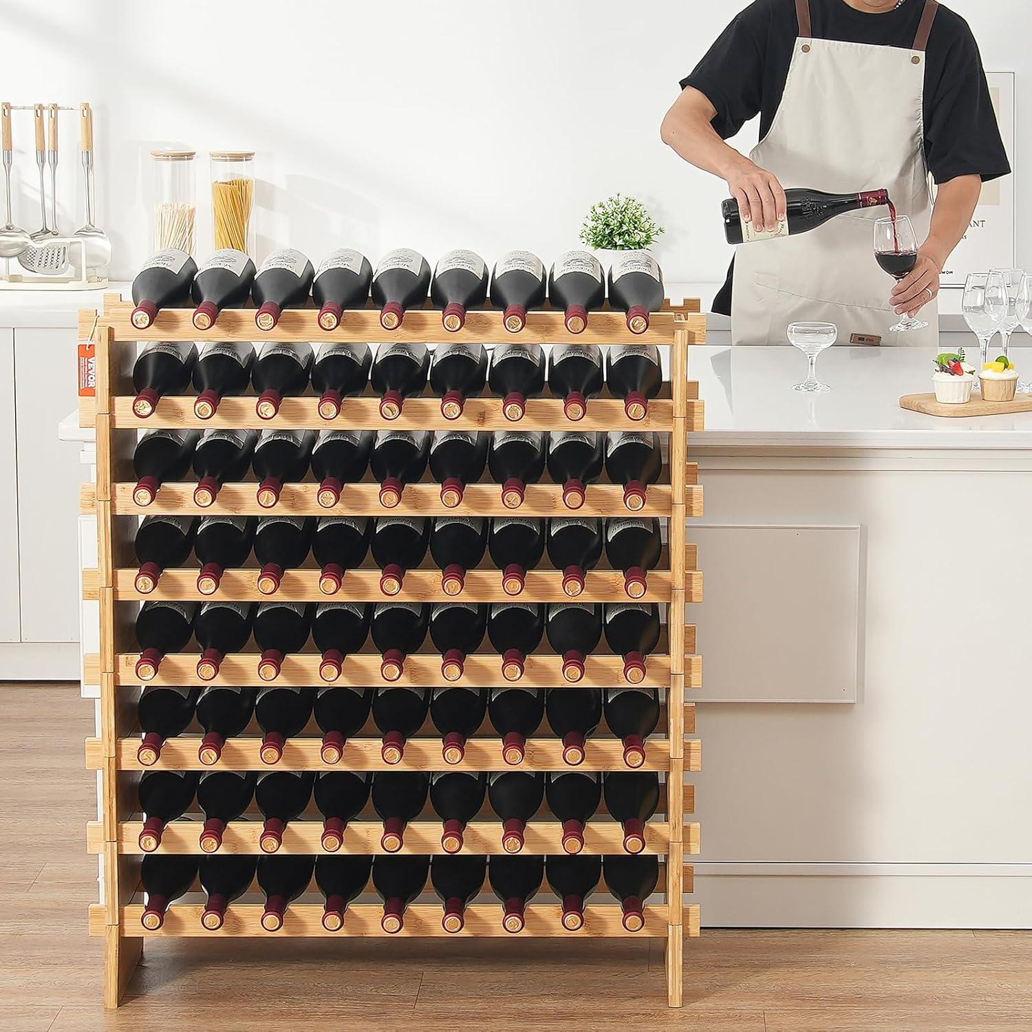 image:imageVEVOR 42 Bottle Modular Wine Rack 7Tier Solid Bamboo Wood Storage Racks with Table Top Floor Freestanding Wines Holder Display Shelf WobbleFree Shelves for Kitchen Bar and Cellar BlackOriginal Wooden Colour