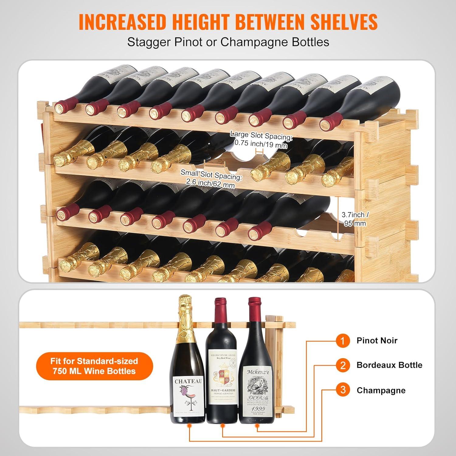 image:imageVEVOR 42 Bottle Modular Wine Rack 7Tier Solid Bamboo Wood Storage Racks with Table Top Floor Freestanding Wines Holder Display Shelf WobbleFree Shelves for Kitchen Bar and Cellar BlackOriginal Wooden Colour