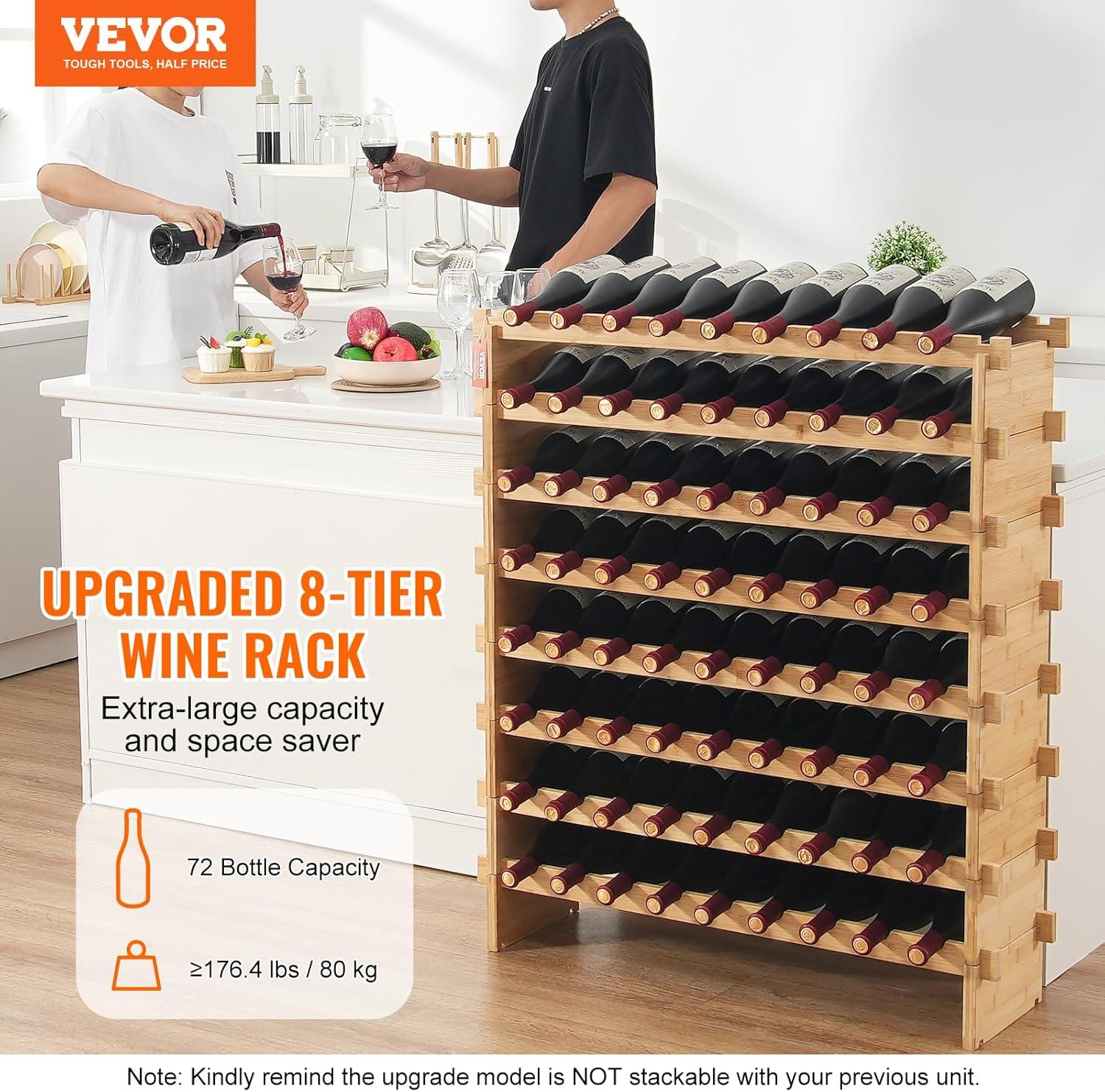 image:imageVEVOR 42 Bottle Modular Wine Rack 7Tier Solid Bamboo Wood Storage Racks with Table Top Floor Freestanding Wines Holder Display Shelf WobbleFree Shelves for Kitchen Bar and Cellar BlackOriginal Wooden Colour