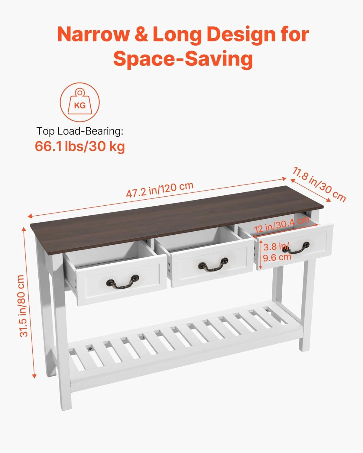 image:imageVEVOR 47 in Console Table Farmhouse Desk Behind The Couch with Drawers and Bottom Storage Shelf Wooden Rectangle Entrance Narrow Sofa Table for Hallway Bedroom Living Room Foyer Brown White