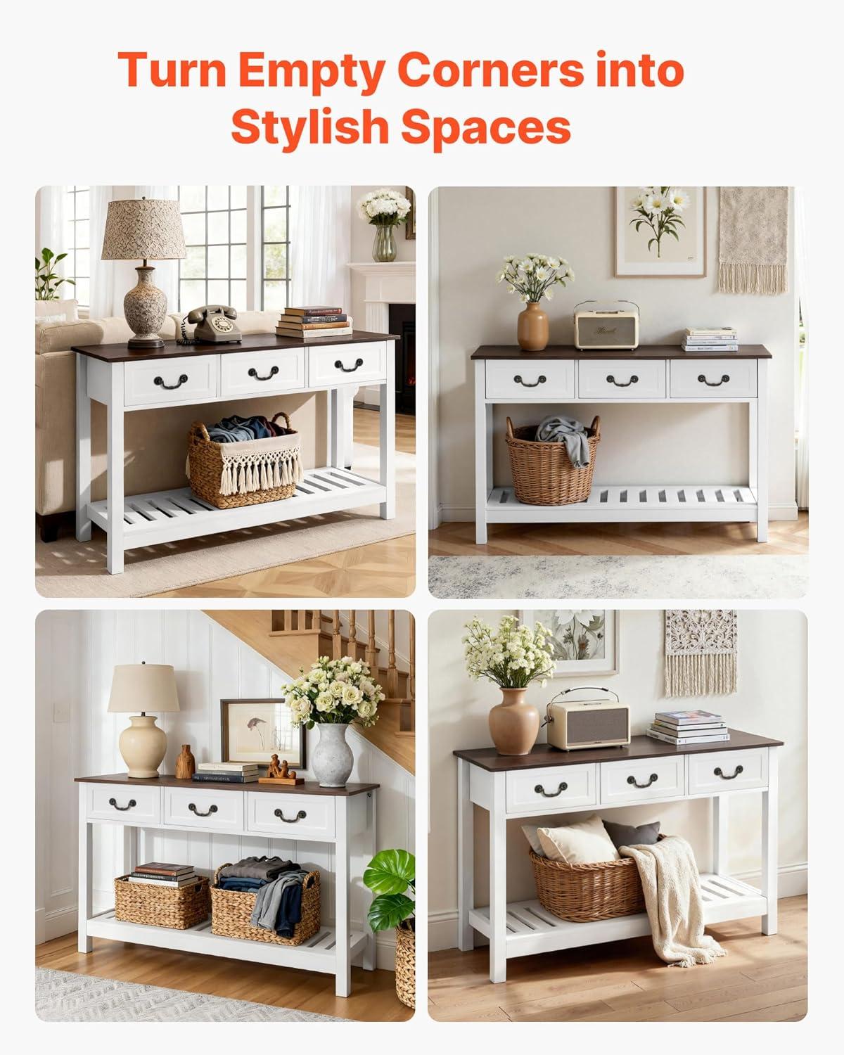image:imageVEVOR 47 in Console Table Farmhouse Desk Behind The Couch with Drawers and Bottom Storage Shelf Wooden Rectangle Entrance Narrow Sofa Table for Hallway Bedroom Living Room Foyer Brown White