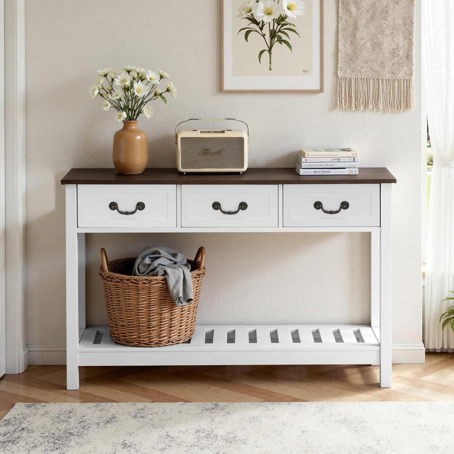 image:imageVEVOR 47 in Console Table Farmhouse Desk Behind The Couch with Drawers and Bottom Storage Shelf Wooden Rectangle Entrance Narrow Sofa Table for Hallway Bedroom Living Room Foyer Brown White